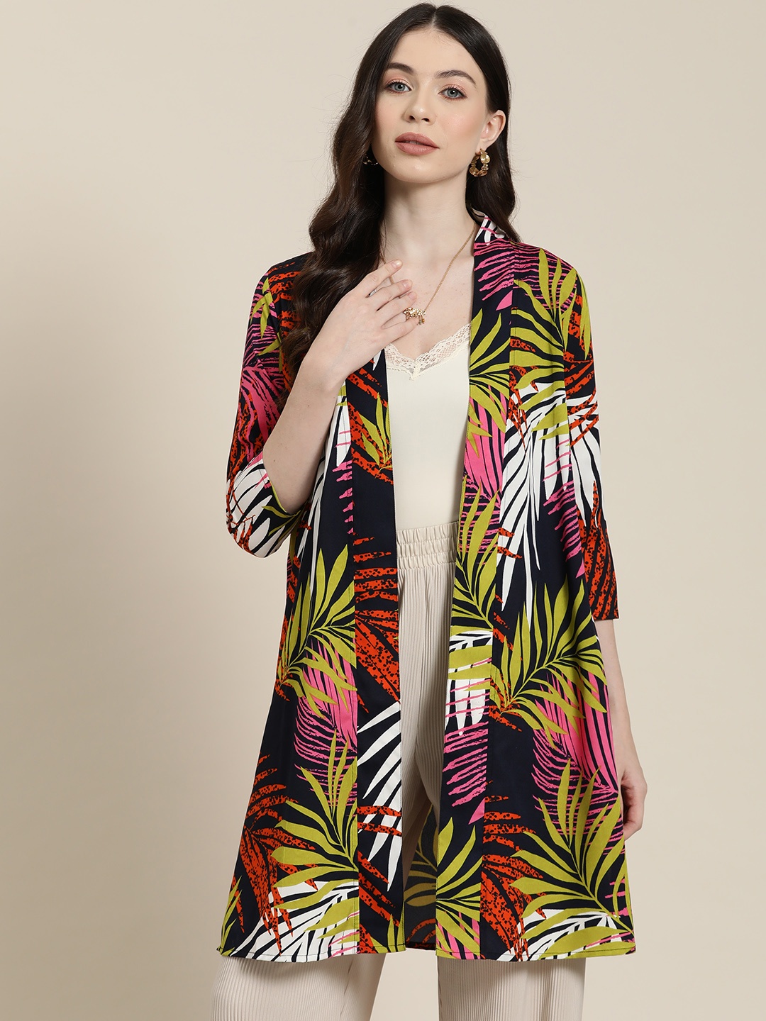 

Qurvii Women Printed Longline Tropical Shrug, Black