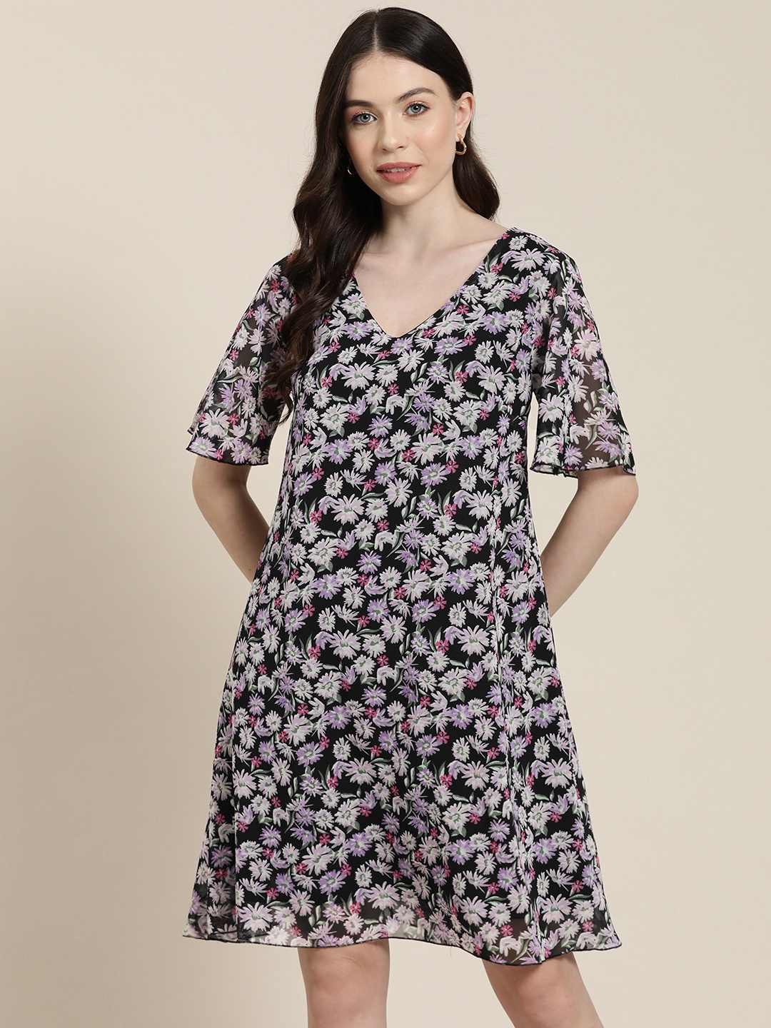 

Qurvii Floral Print Georgette A-Line Dress, Black