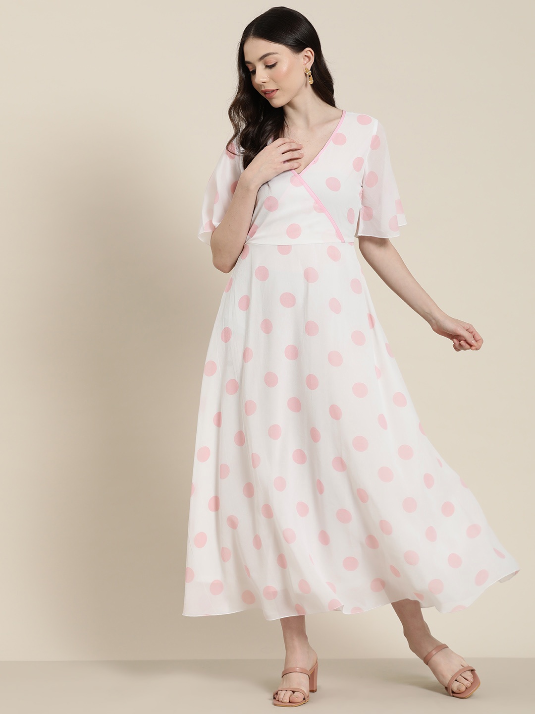 

Qurvii Polka Dot Print Flared Sleeve Georgette Maxi Dress, White