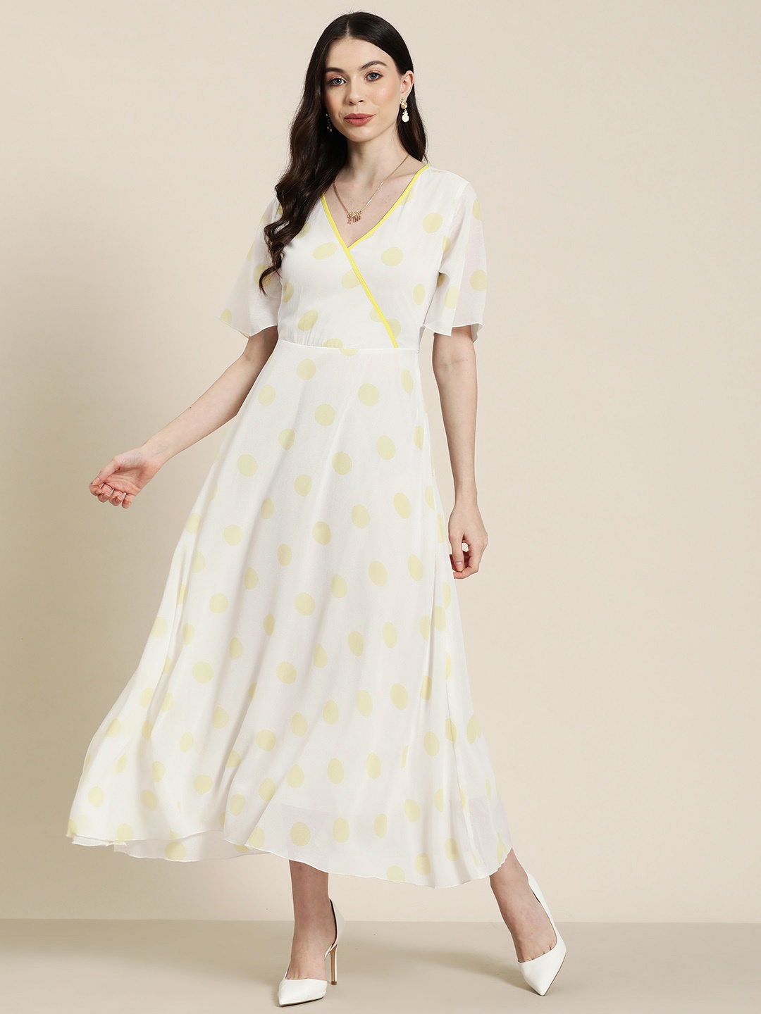 

Qurvii Polka Dot Print Flared Sleeve Georgette Maxi Dress, White