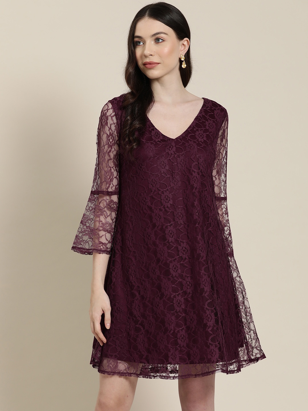 

Qurvii Floral Bell Sleeve Net A-Line Dress, Burgundy