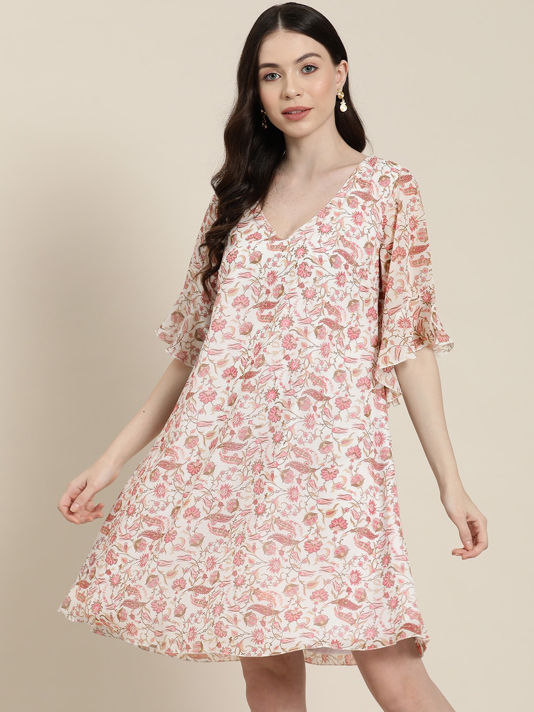 

Qurvii Floral Print Flared Sleeve Georgette A-Line Dress, Pink