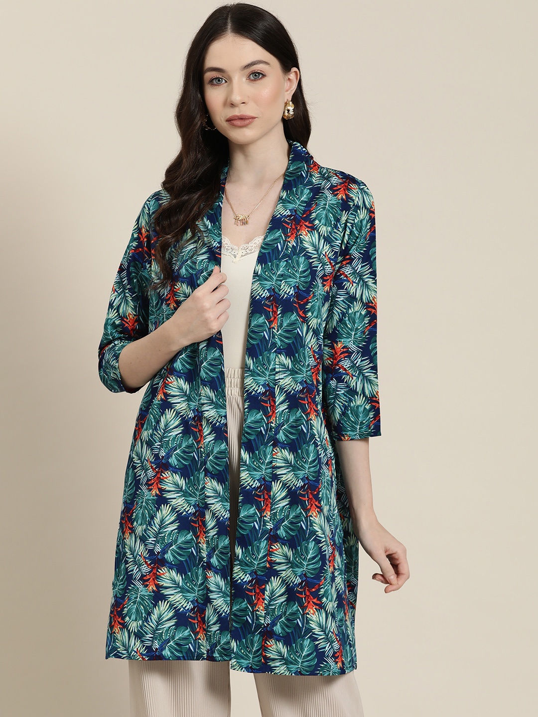 

Qurvii Women Printed Longline Tropical Shrug, Green
