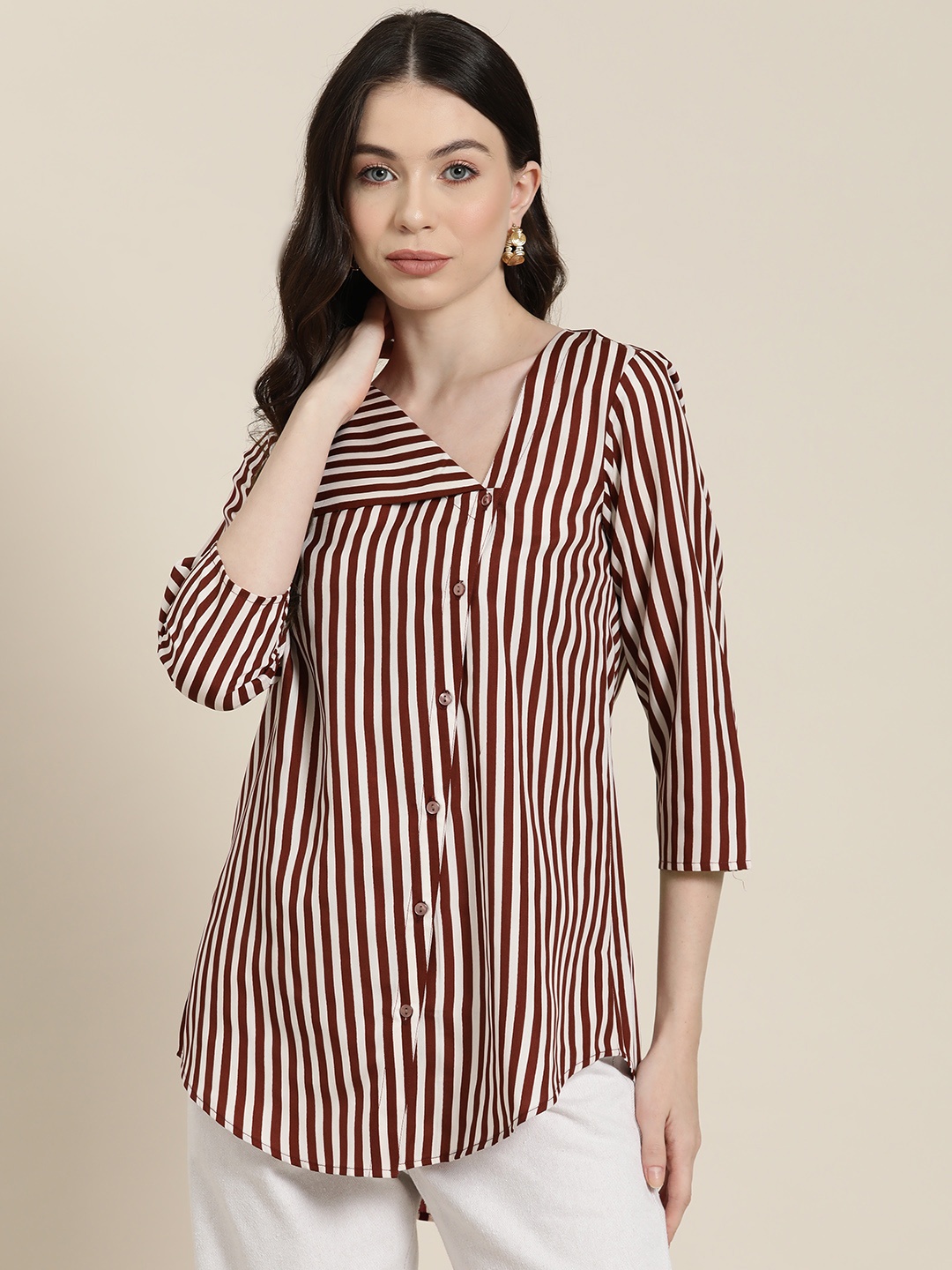 

Qurvii Comfort Multi Stripes Opaque Longline Casual Shirt, White