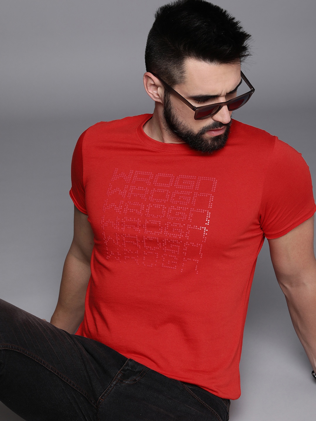 

WROGN Graphic Printed Pure Cotton Slim Fit T-shirt, Red