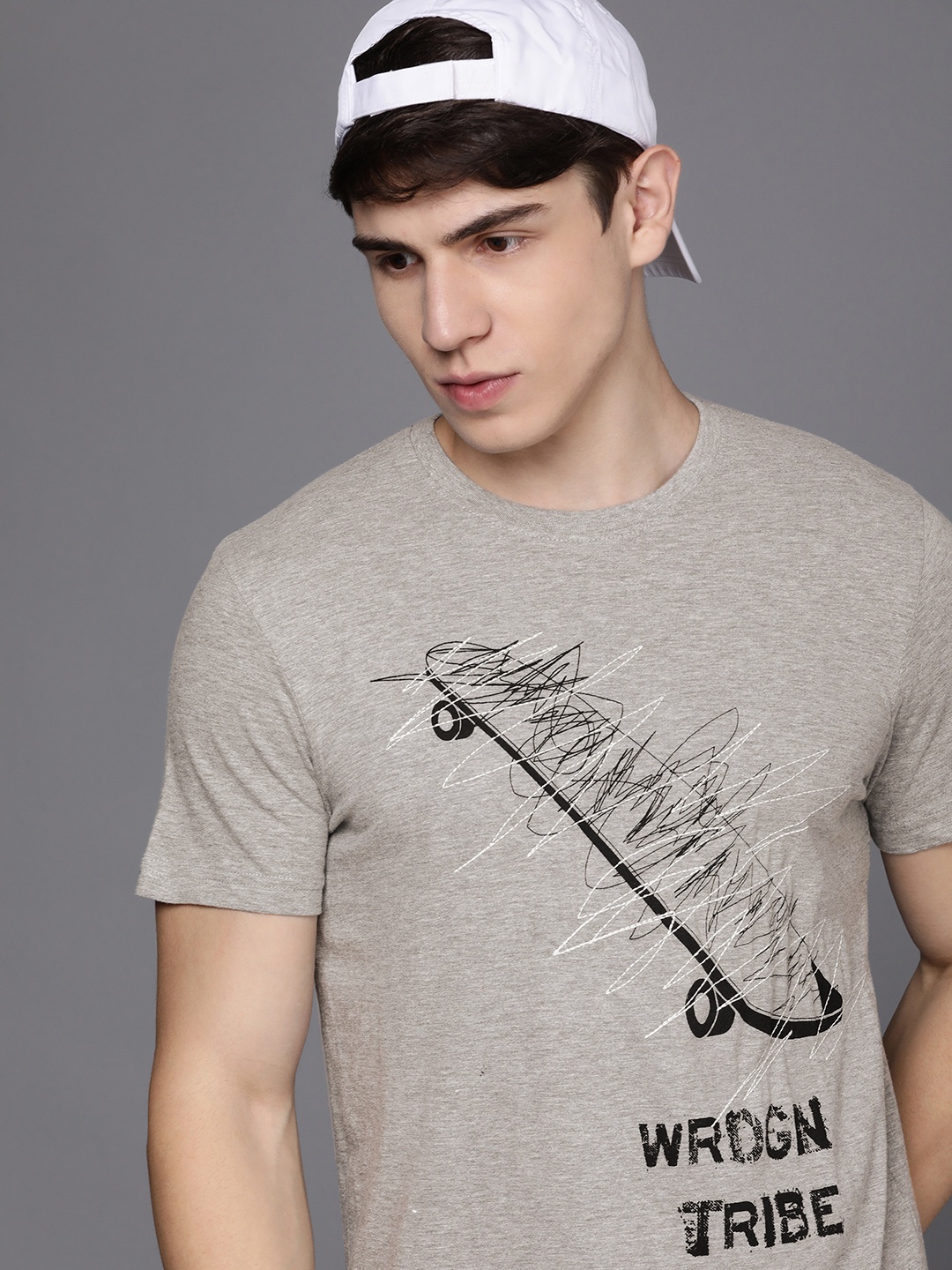 

WROGN Graphic Printed And Embroidered Slim Fit T-shirt, Grey melange