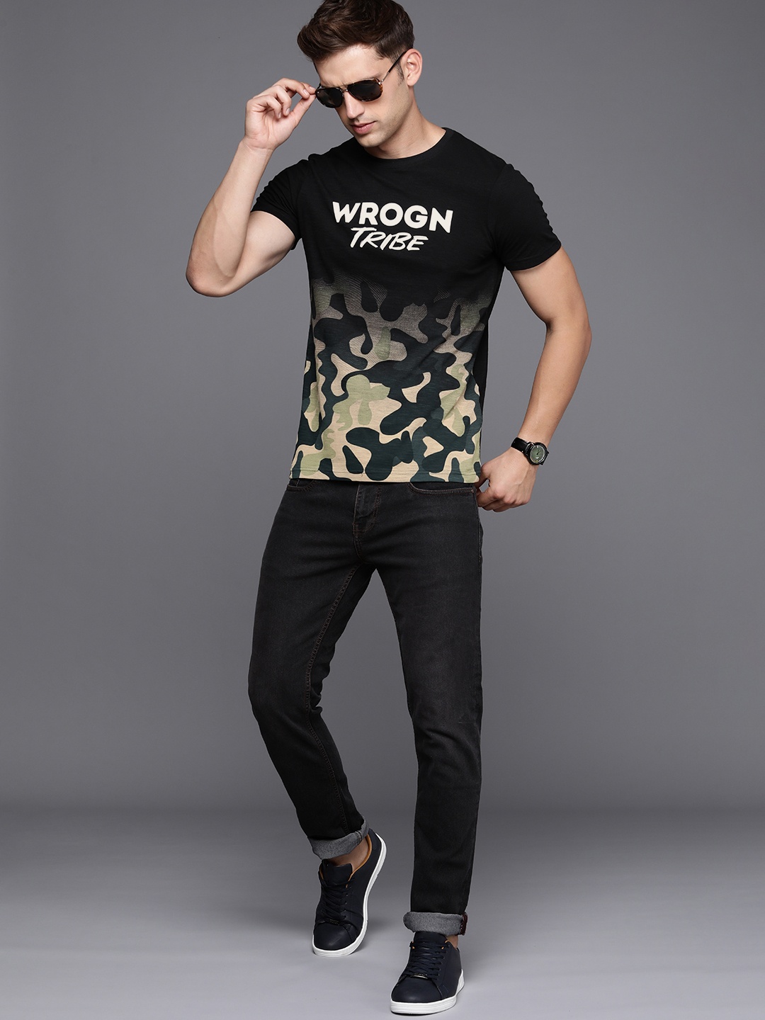 

WROGN Men Pure Cotton Camouflage Printed Slim Fit T-shirt, Black