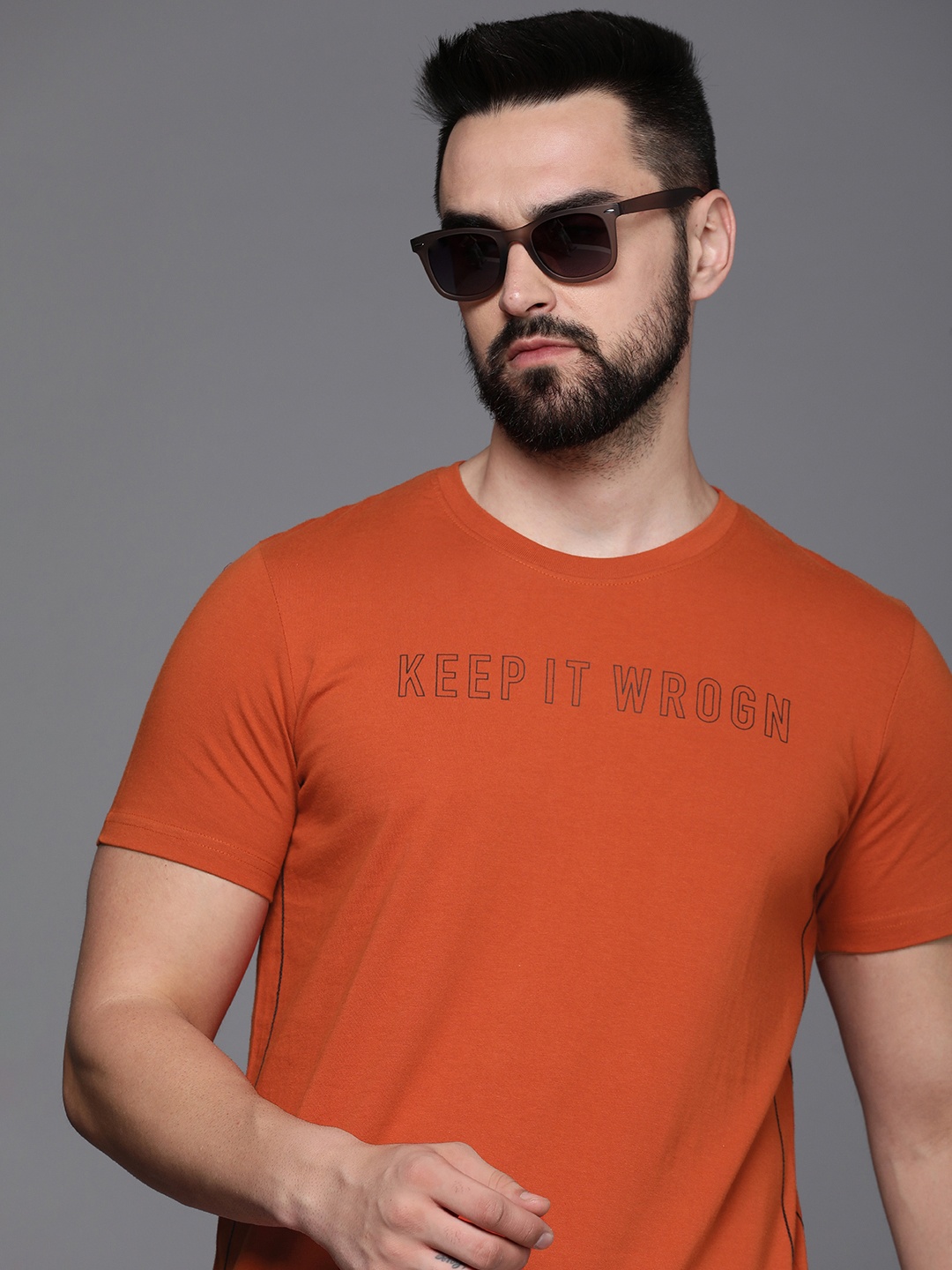 

WROGN Typography Printed Pure Cotton Slim Fit T-shirt, Rust