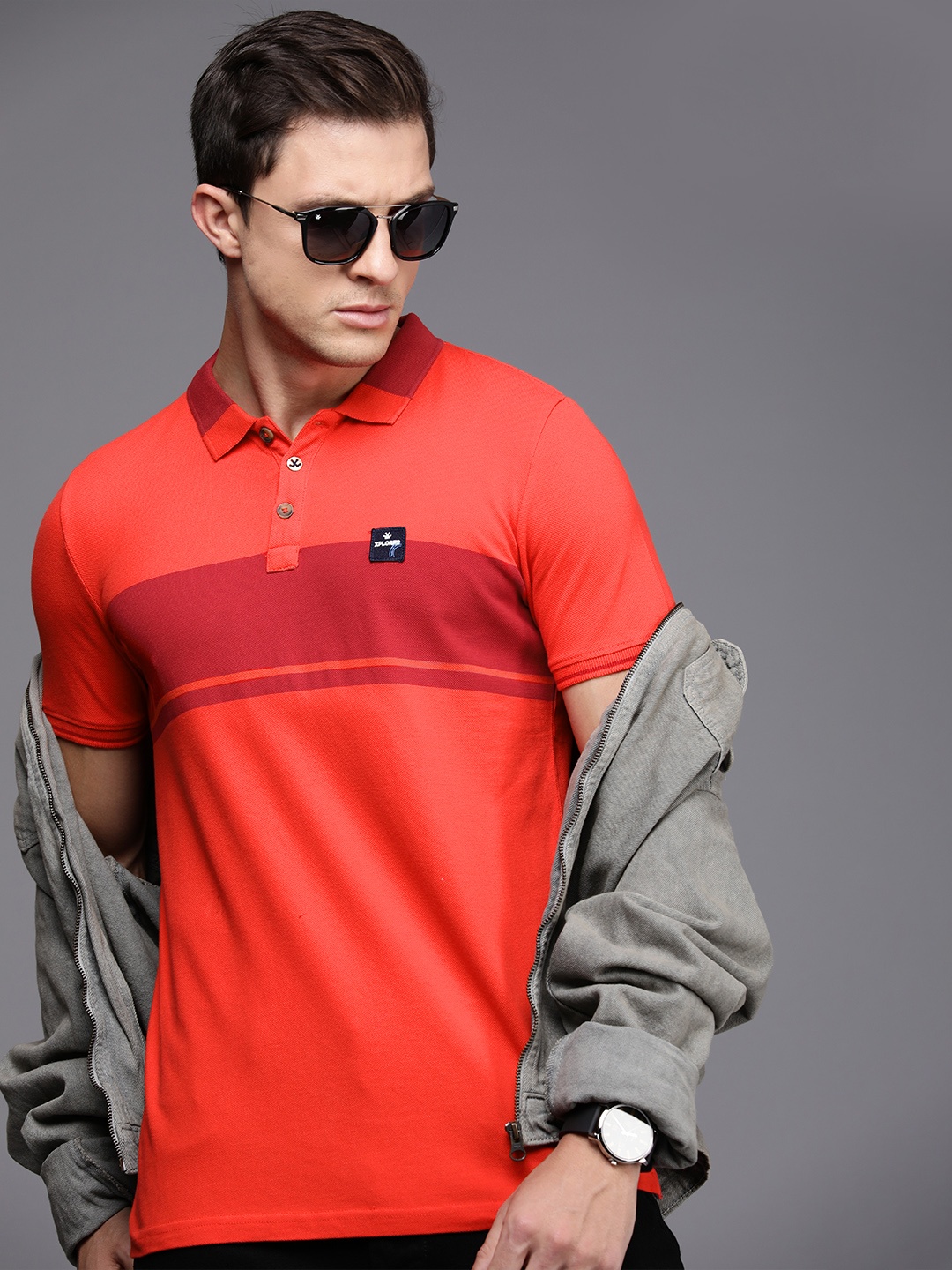 

WROGN Men Pure Cotton Striped Polo Collar Slim Fit T-shirt, Red