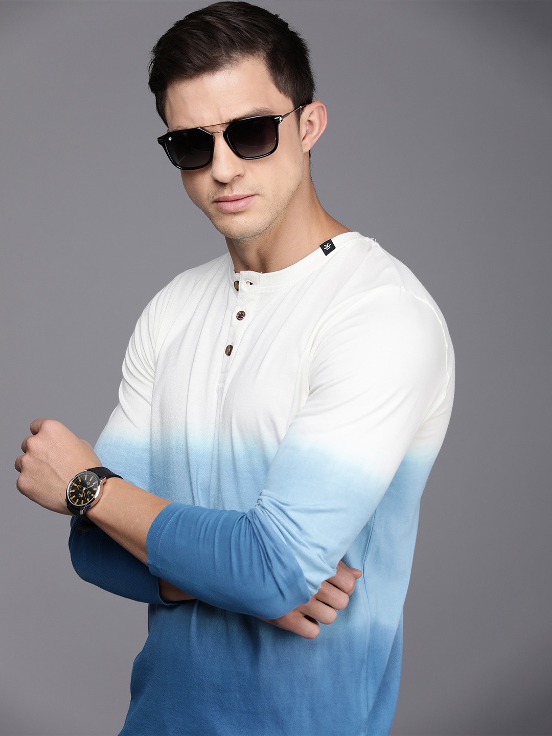 

WROGN Men Colourblocked Henley Neck Pure Cotton T-shirt, White