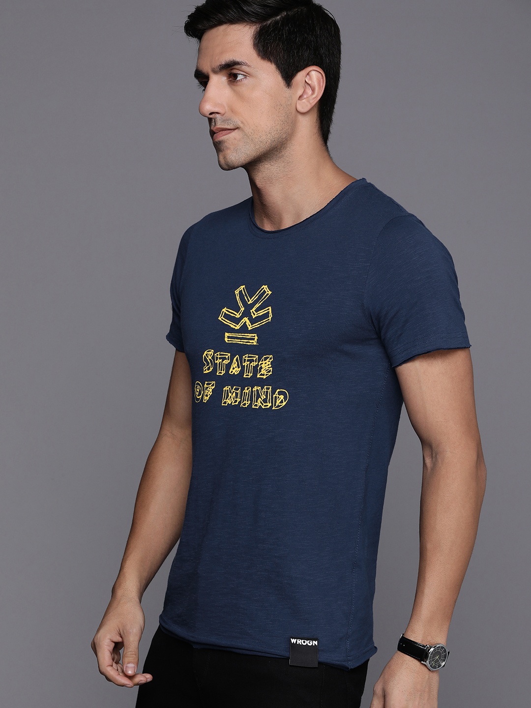 

WROGN Men Pure Cotton Brand Logo Printed Slim Fit T-shirt, Navy blue