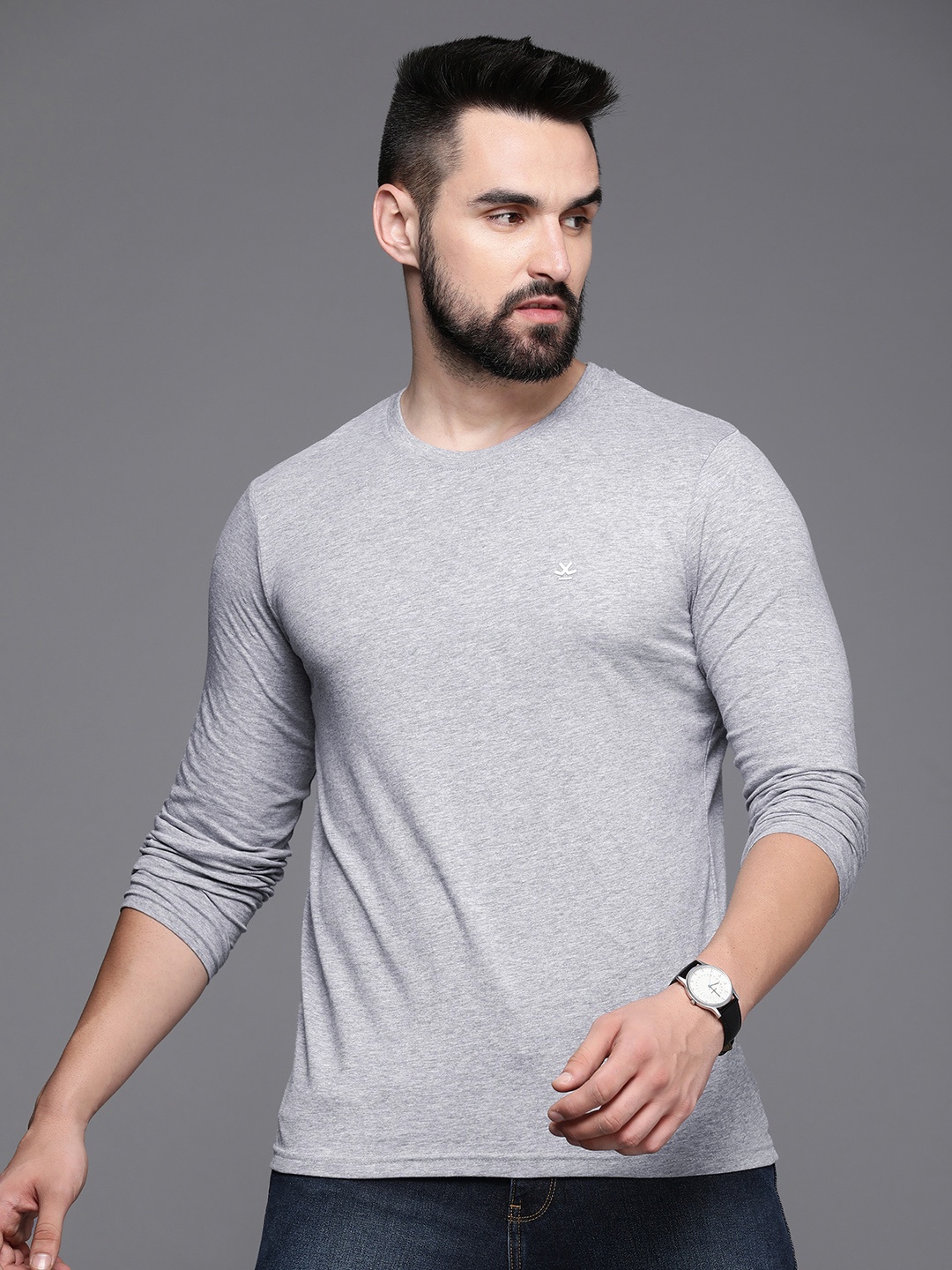 

WROGN Round Neck Slim Fit T-shirt, Grey melange