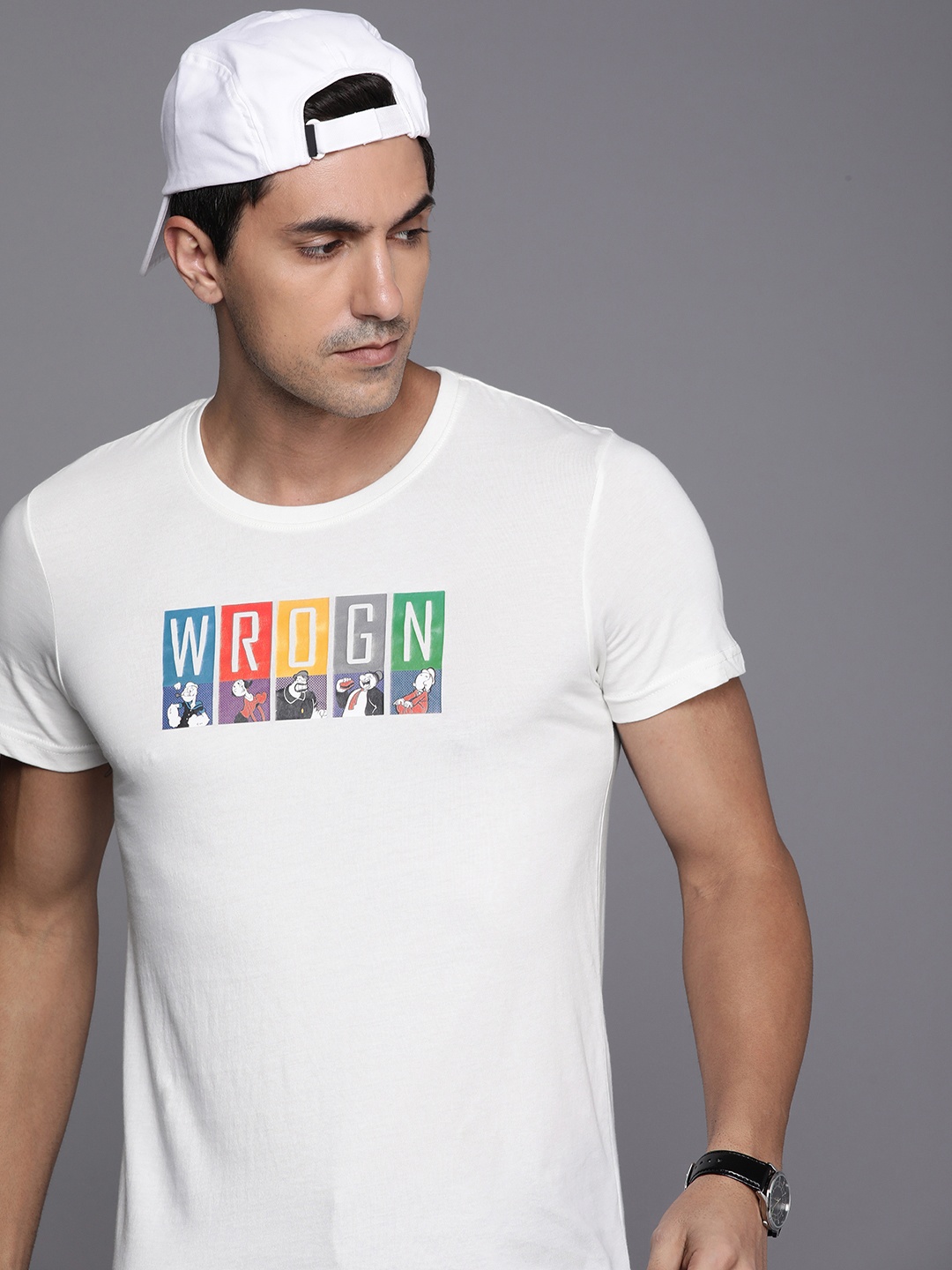 

WROGN Men Pure Cotton Popeye Printed Slim Fit T-shirt, White