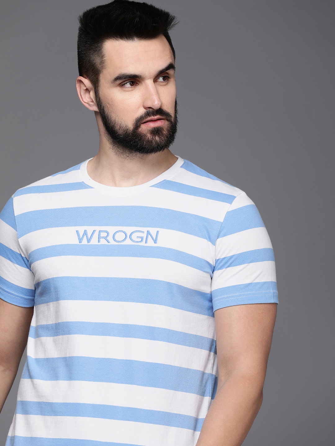 

WROGN Brand Logo Embroidered Striped Pure Cotton Slim Fit T-shirt, Blue