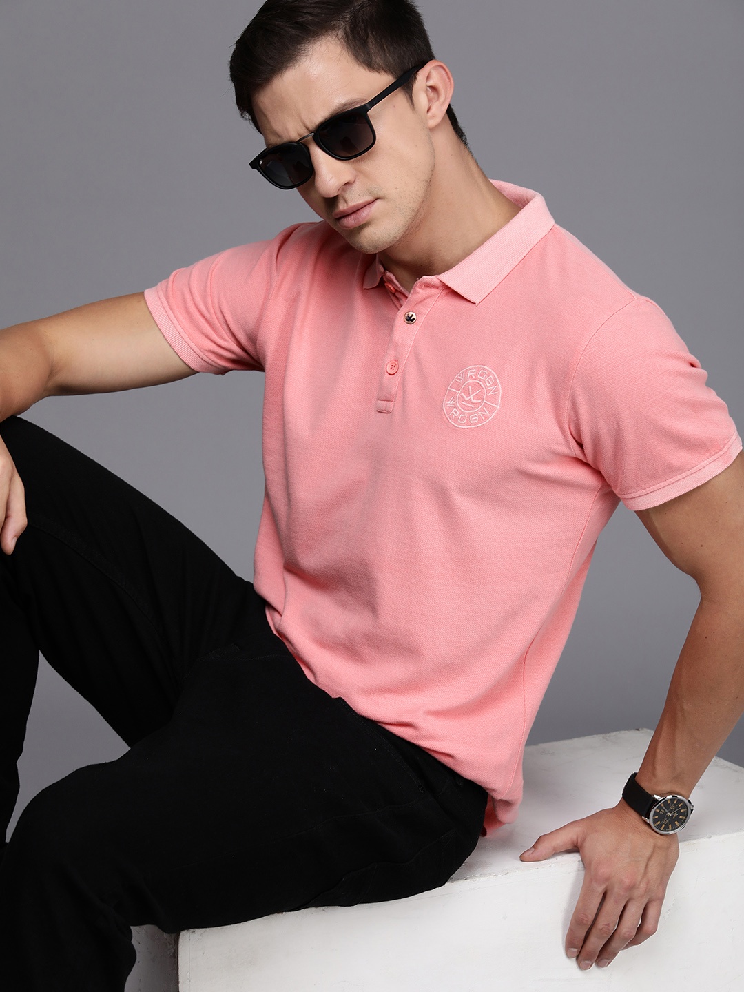 

WROGN Men Pure Cotton Polo Collar Slim Fit T-shirt, Pink