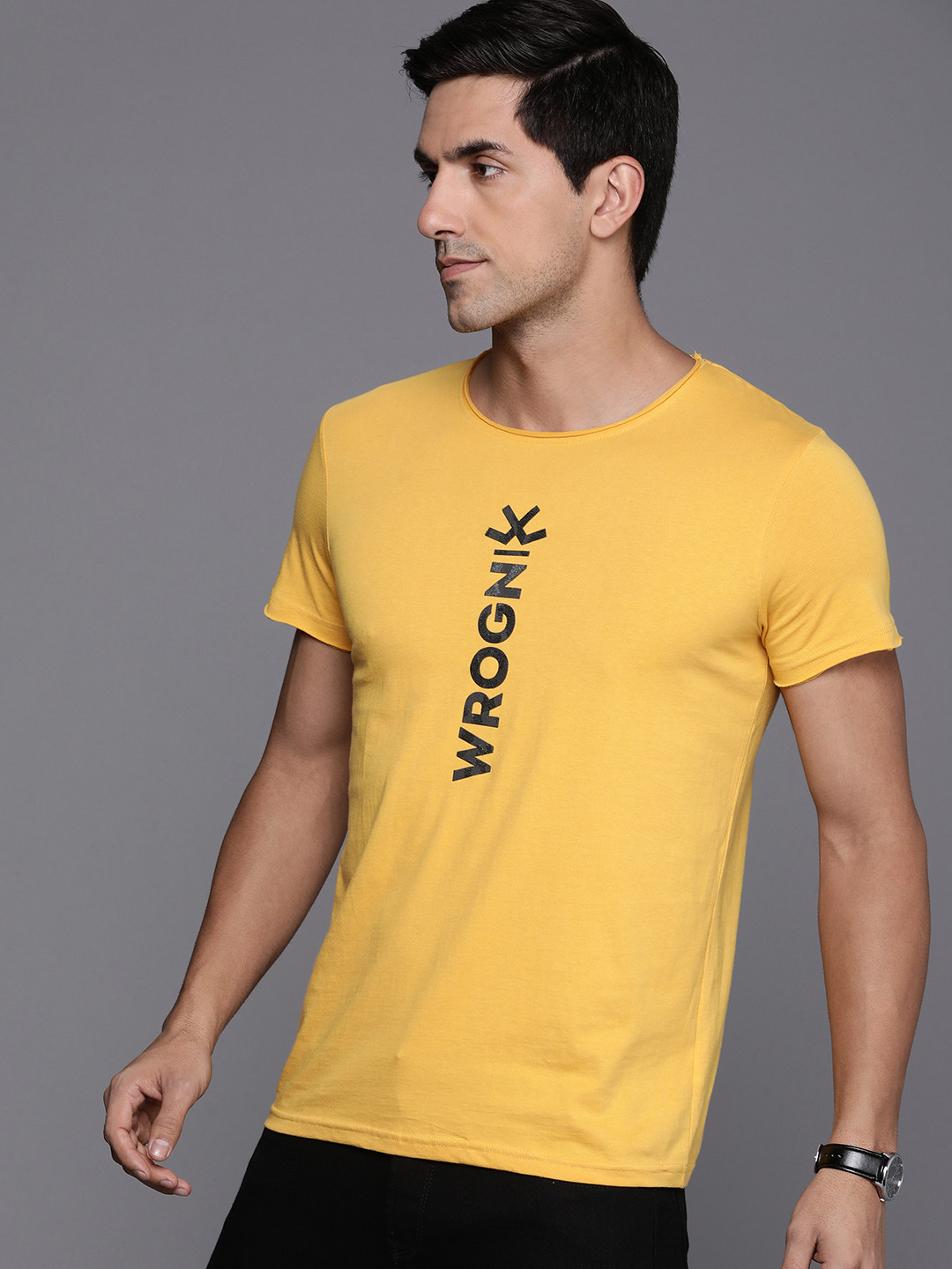 

WROGN Men Brand Logo Printed Pure Cotton Slim Fit T-shirt, Yellow