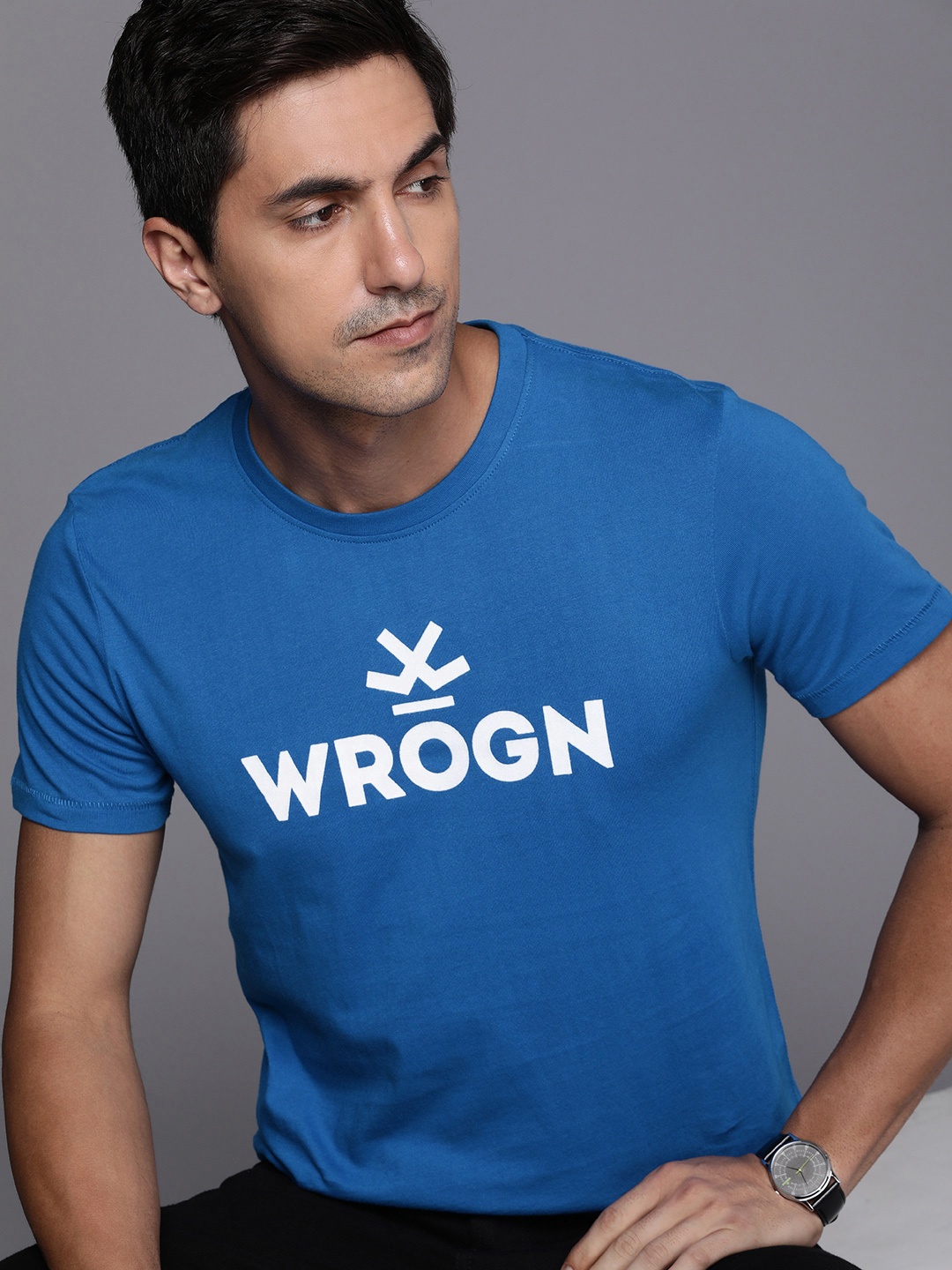 

WROGN Men Pure Cotton Brand Logo Printed Slim Fit T-shirt, Blue