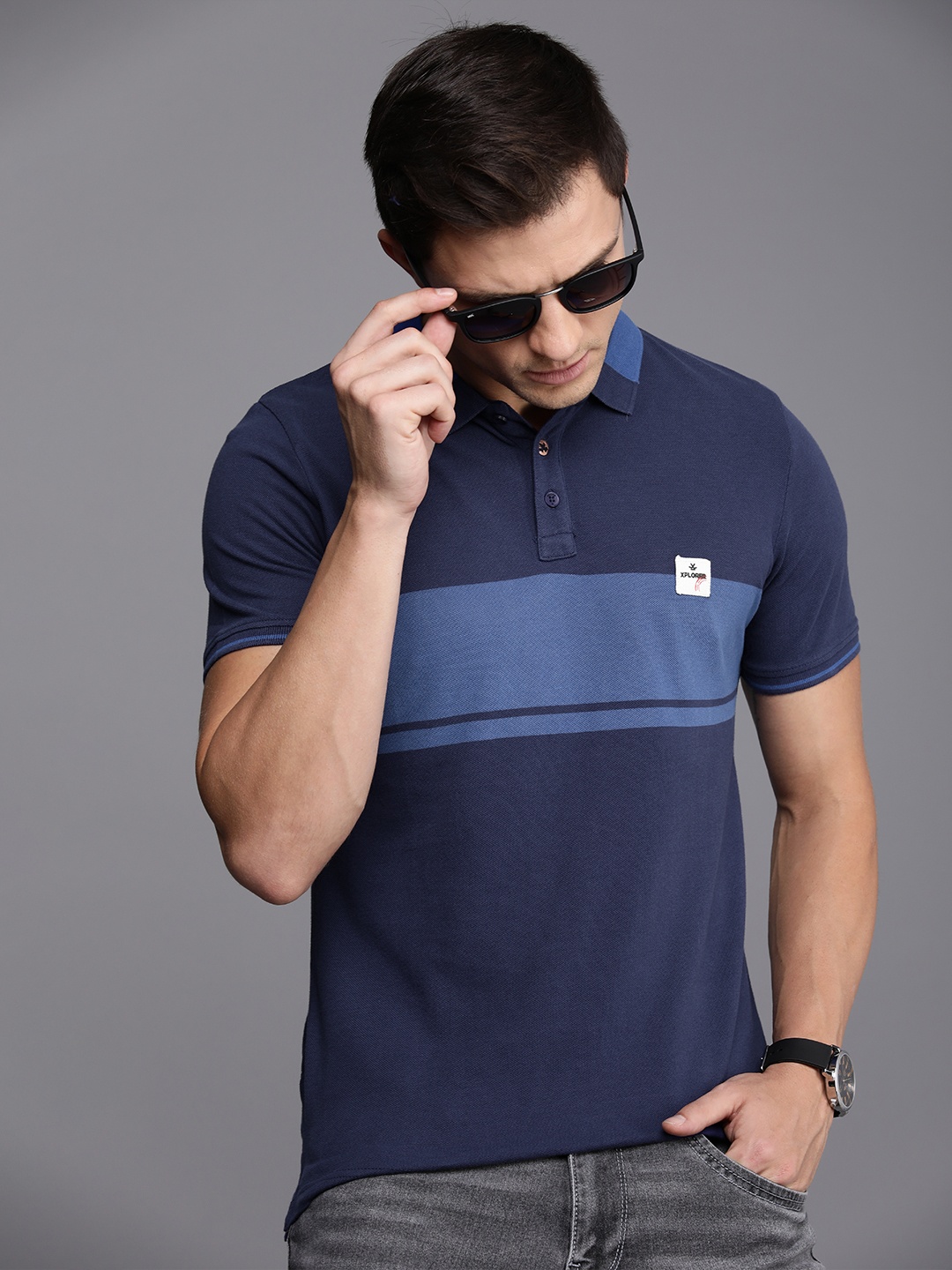 

WROGN Men Pure Cotton Striped Polo Collar Slim Fit T-shirt, Navy blue