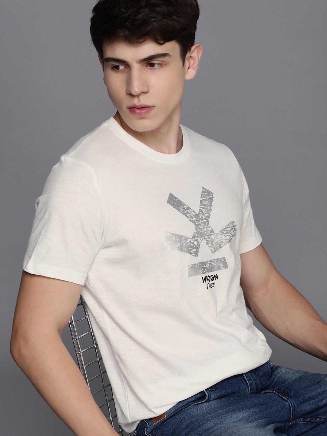 

WROGN Brand Logo Printed Pure Cotton Slim Fit T-shirt, White