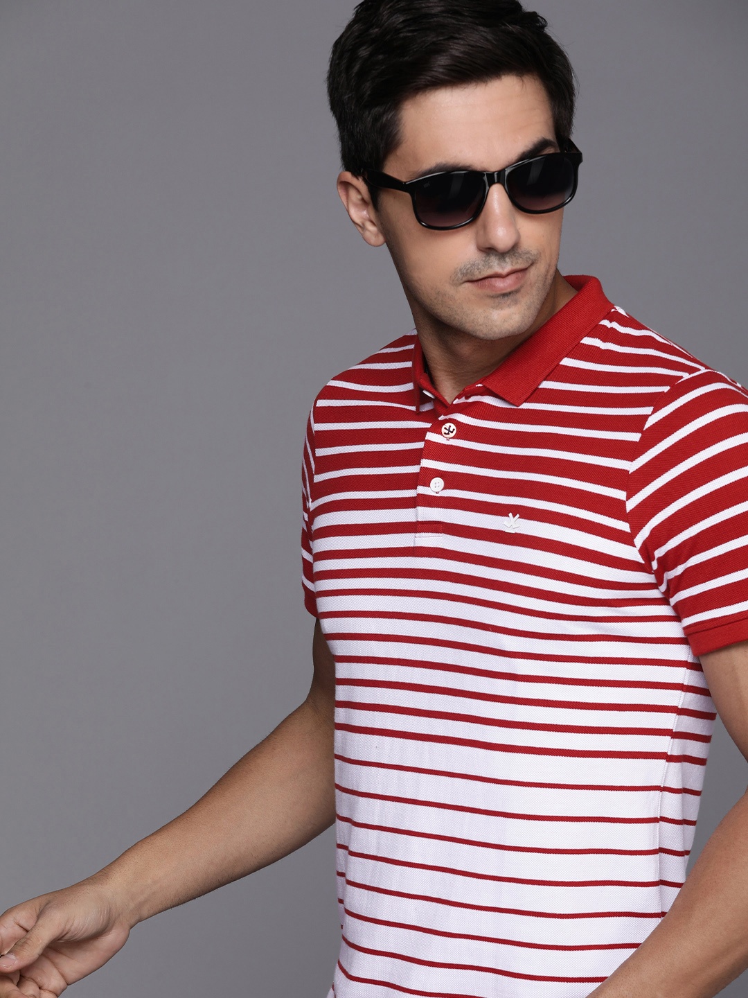 

WROGN Men Striped Polo Collar Pure Cotton Slim Fit T-shirt, Red