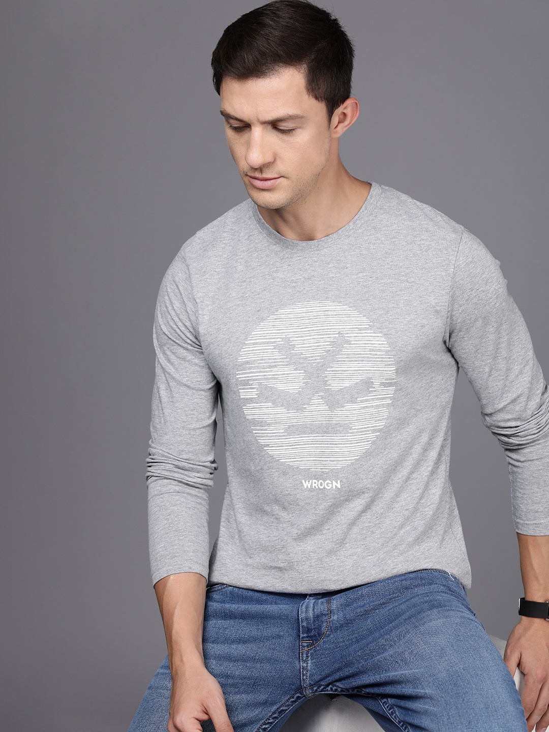 

WROGN Men Brand Logo Printed Slim Fit T-shirt, Grey melange