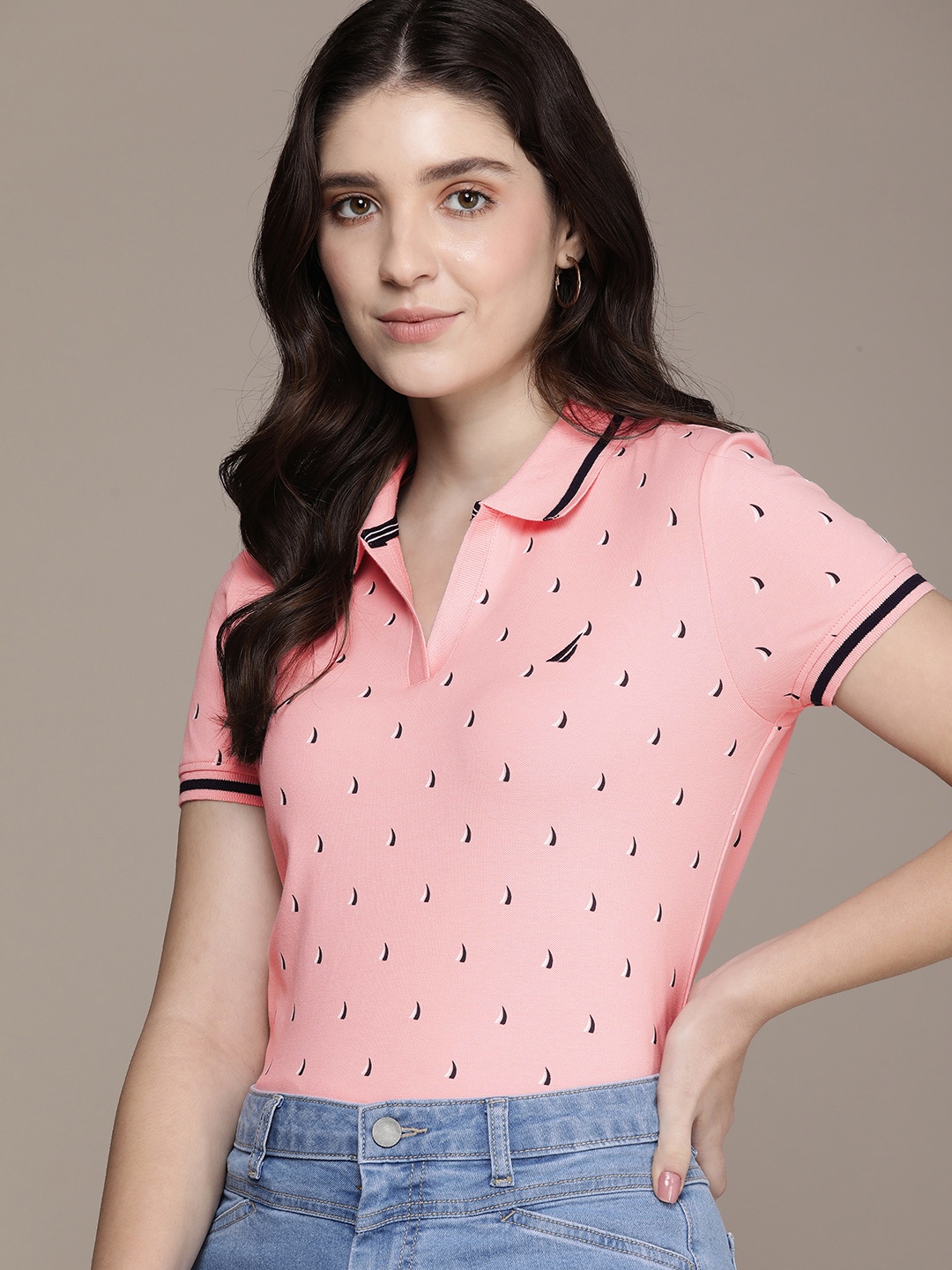 

Nautica Brand Logo Printed Polo Collar Casual T-shirt, Peach