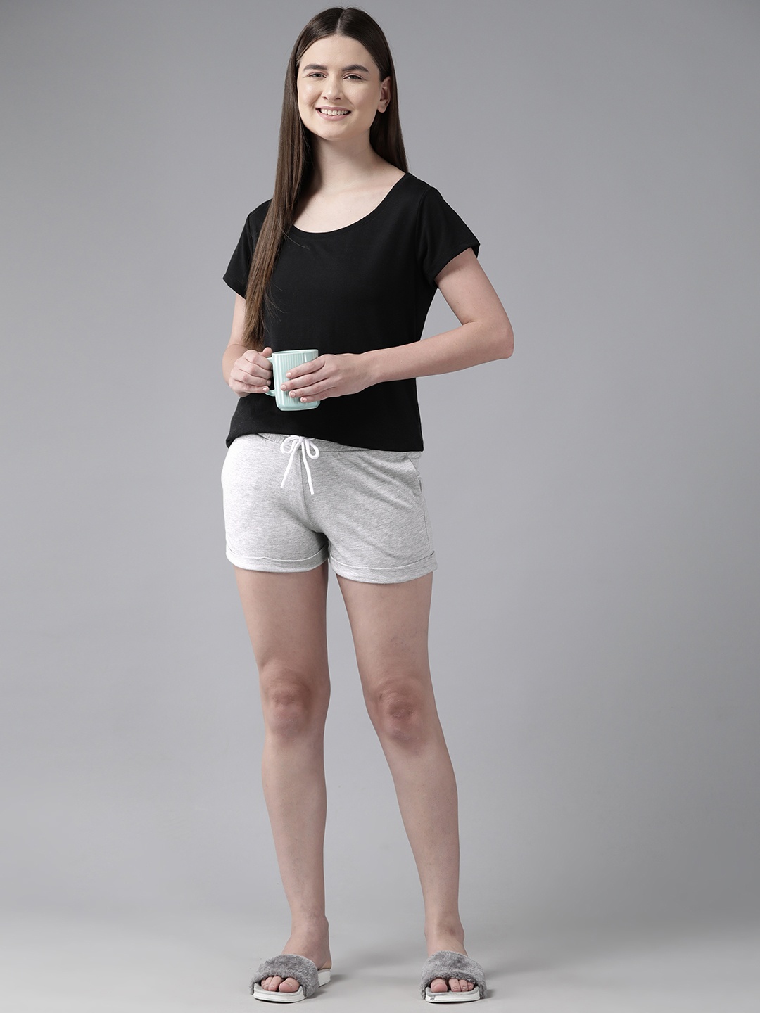 

TERRANOVA Women Pure Cotton Solid Lounge Shorts with Turn Up Hem, Grey melange