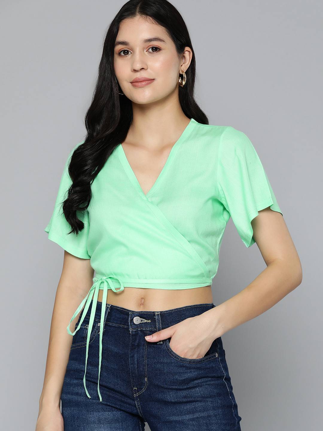 

Harvard Solid Flared Sleeve Wrap Crop Top, Sea green