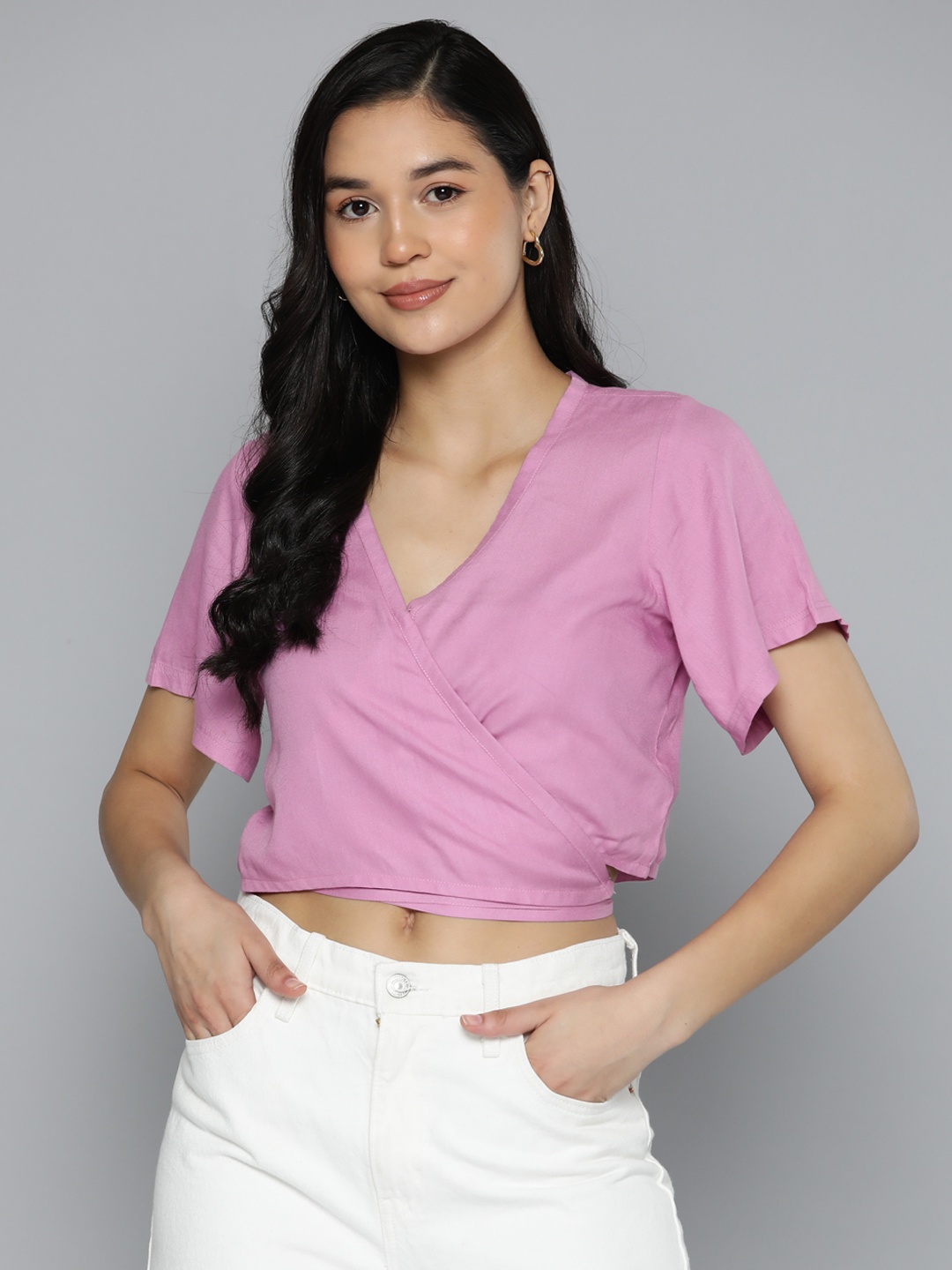 Harvard Flared Sleeves Wrap Crop Top, Purple