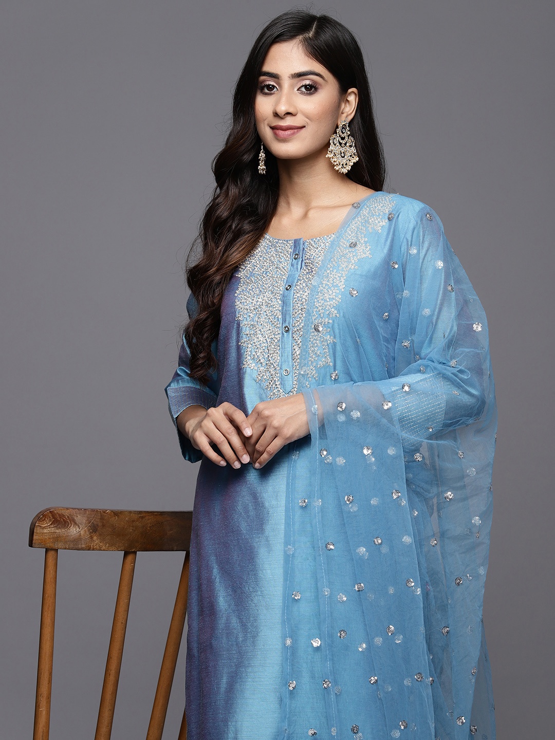 

Varanga Floral Embroidered Chanderi Silk Kurta With Trousers & Dupatta, Blue