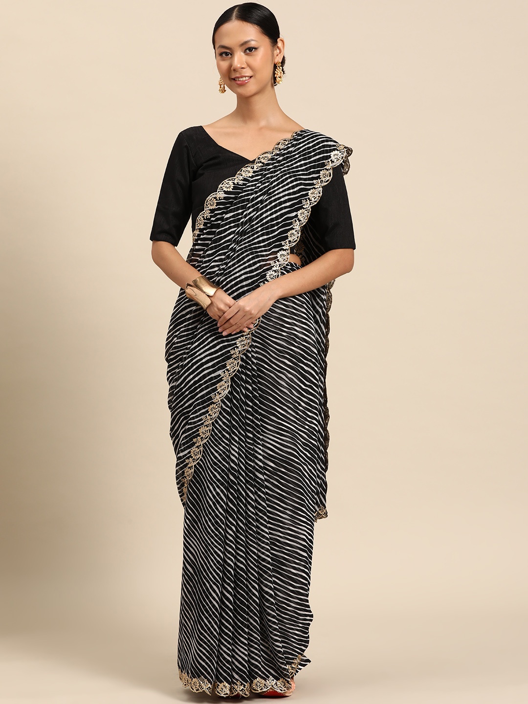 

SUTRAM Pure Georgette Leheriya Saree, Black