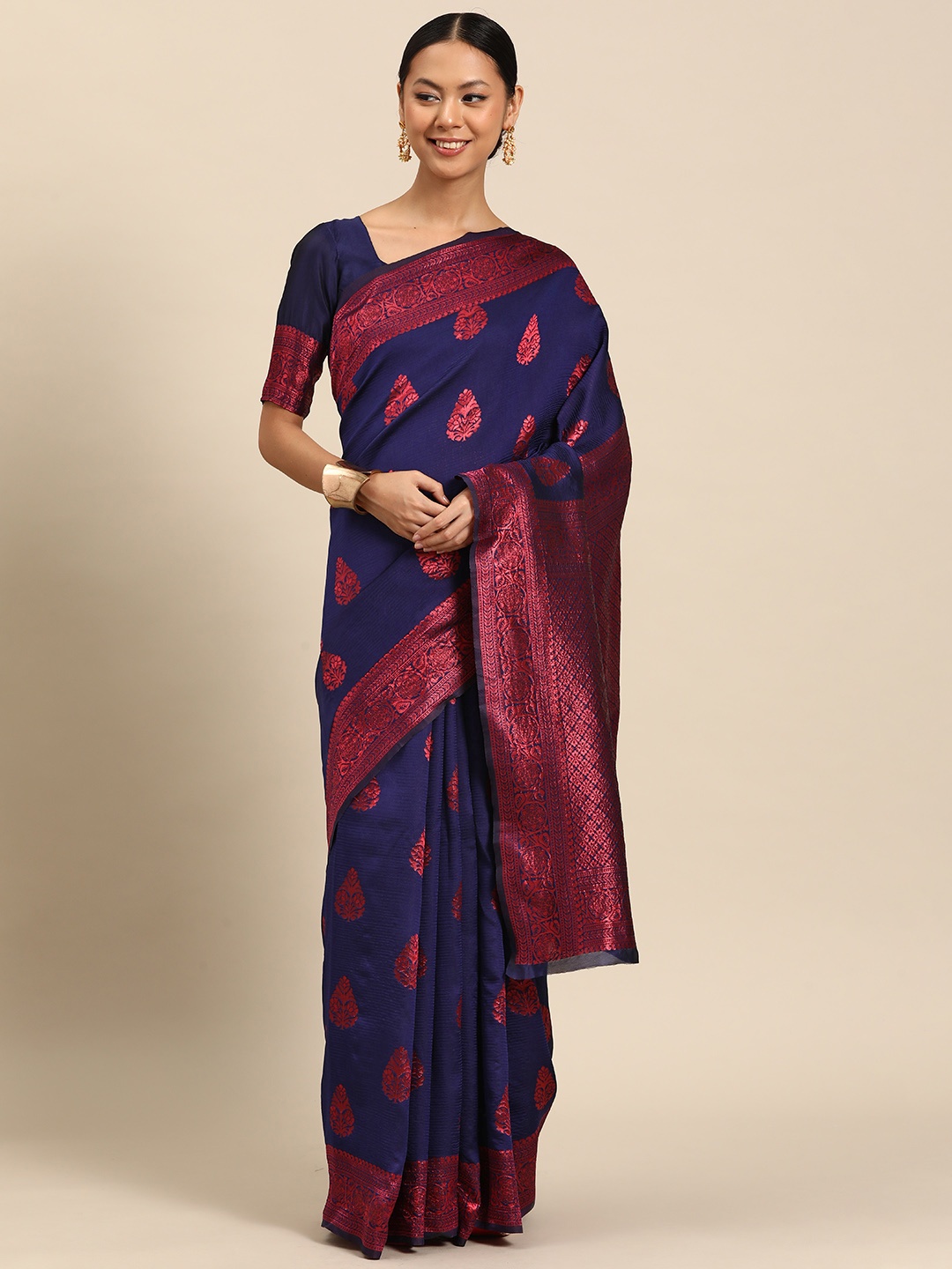 

SUTRAM Ethnic Motifs Zari Silk Blend Saree, Navy blue