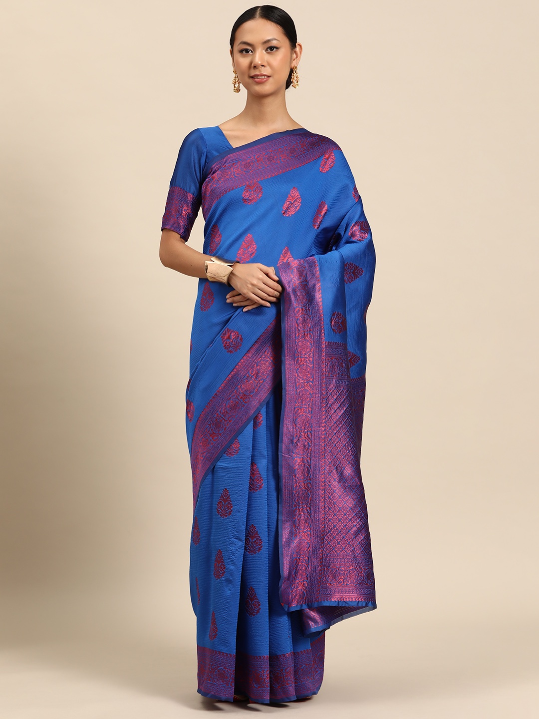 

SUTRAM Ethnic Motifs Zari Silk Blend Saree, Blue