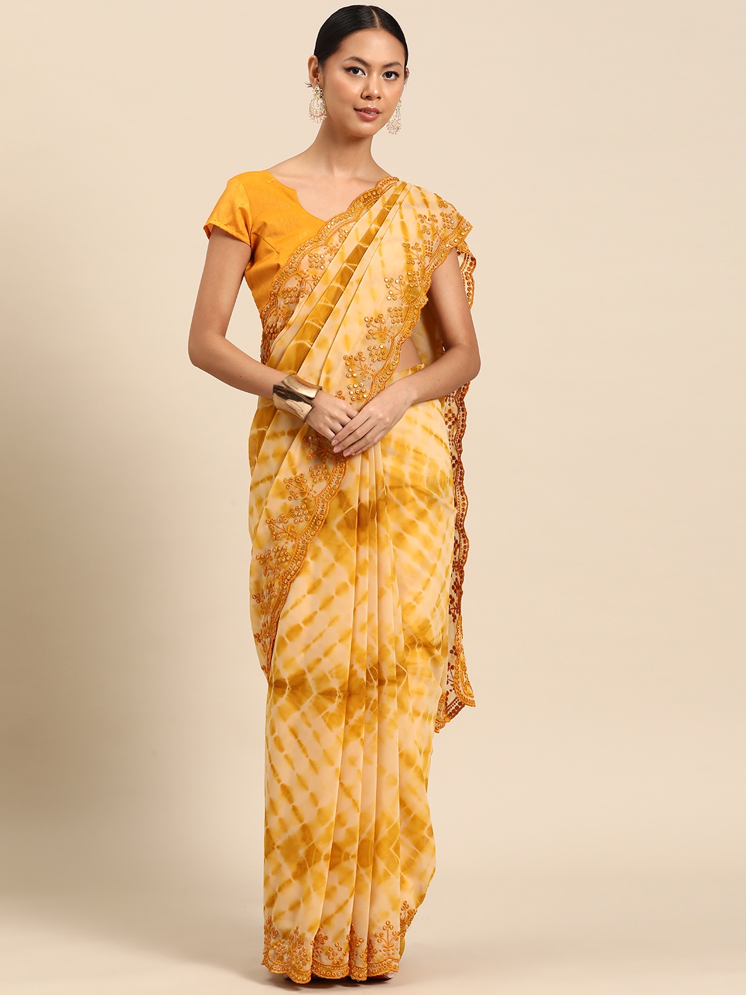 

SUTRAM Printed Pure Georgette Saree, Yellow