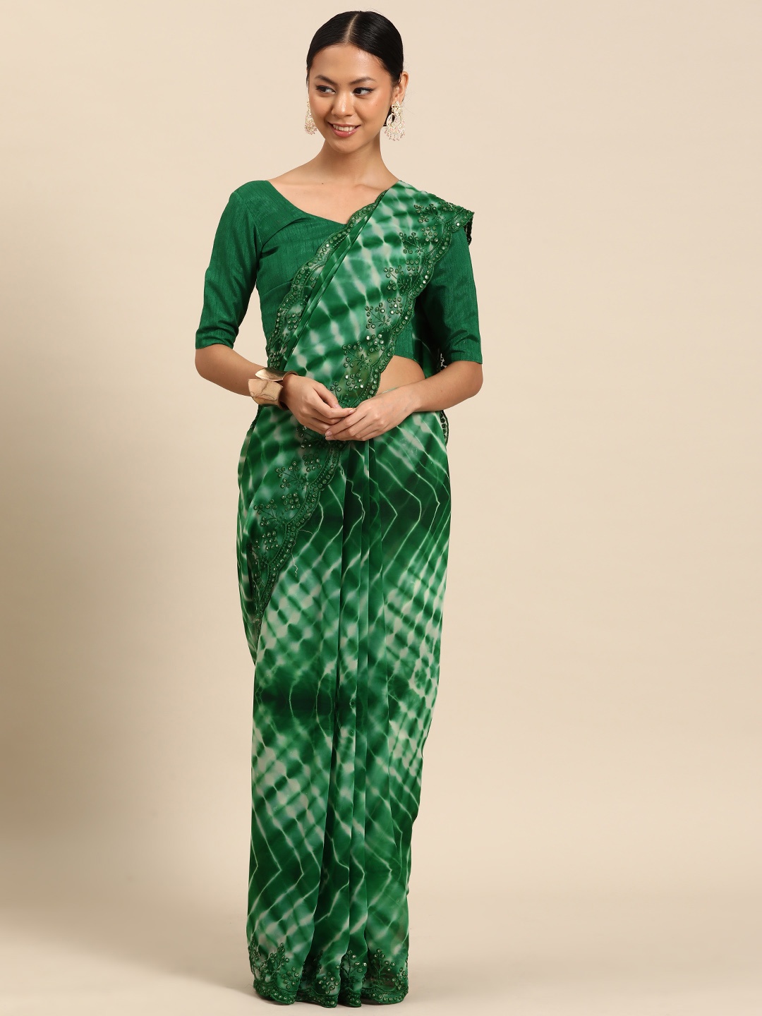 

SUTRAM Printed Pure Georgette Saree, Green