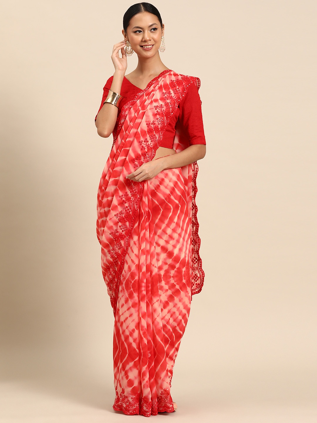 

SUTRAM Printed Pure Georgette Saree, Red