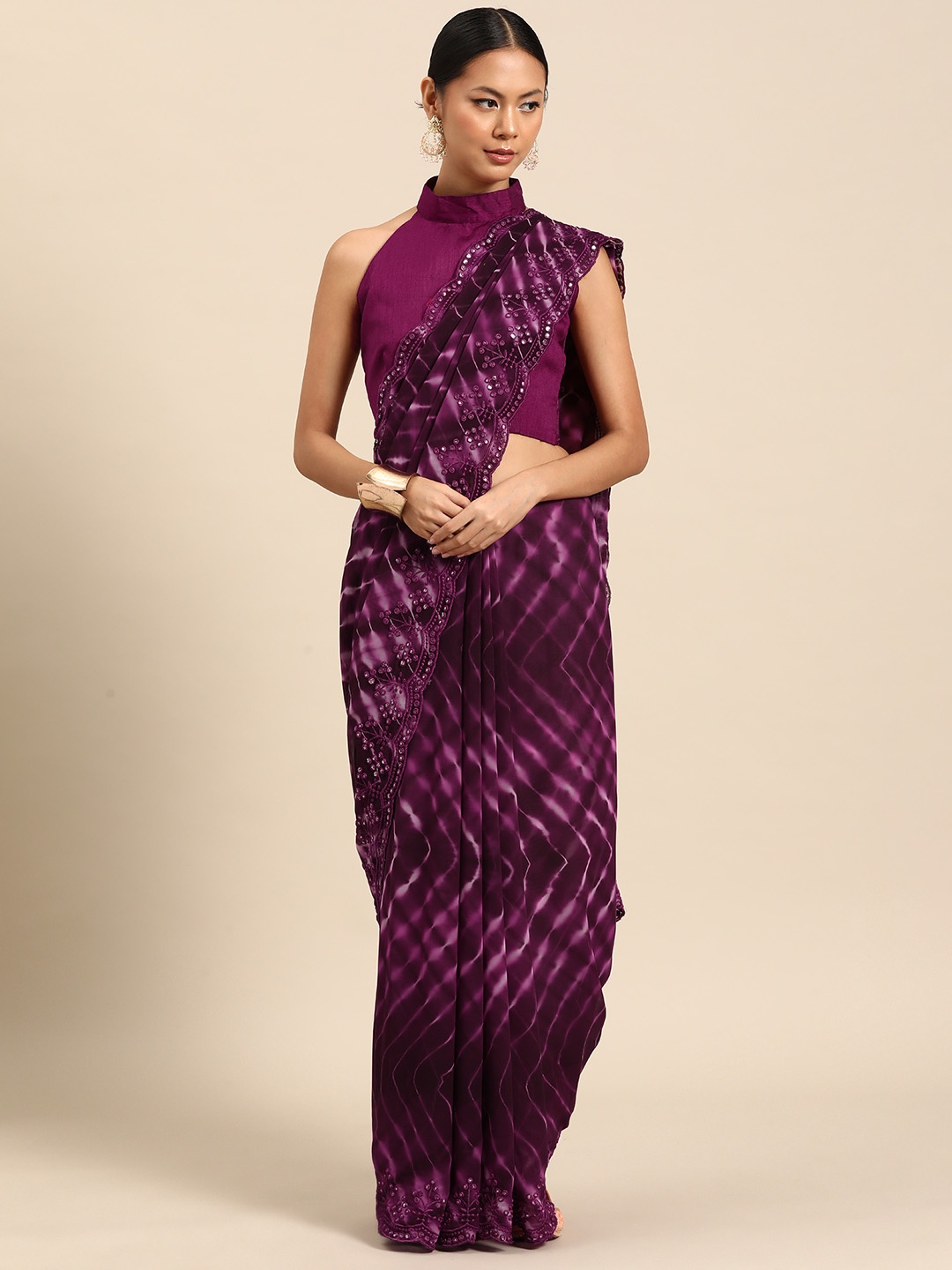 

SUTRAM Printed Pure Georgette Saree, Purple