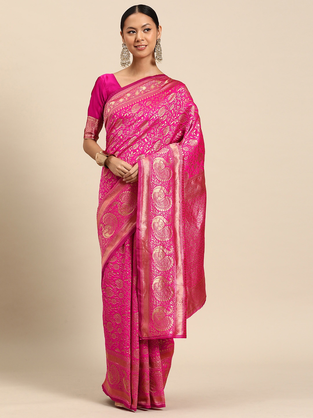 

SUTRAM Floral Zari Silk Blend Saree, Pink