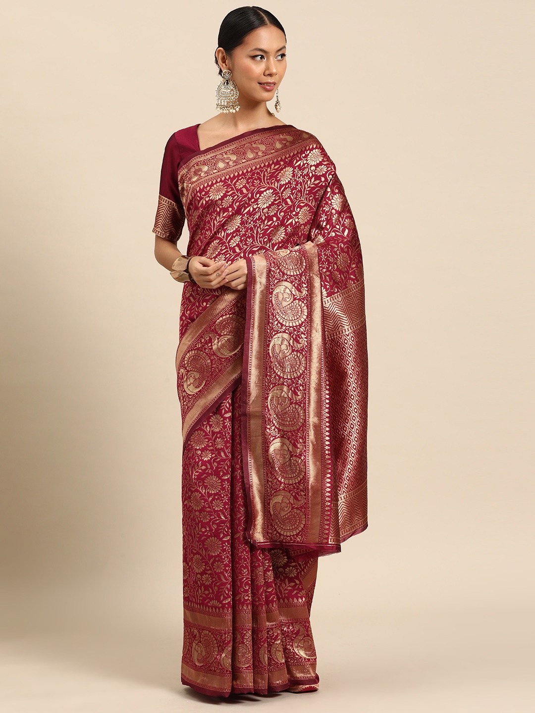 

SUTRAM Floral Zari Silk Blend Saree, Red