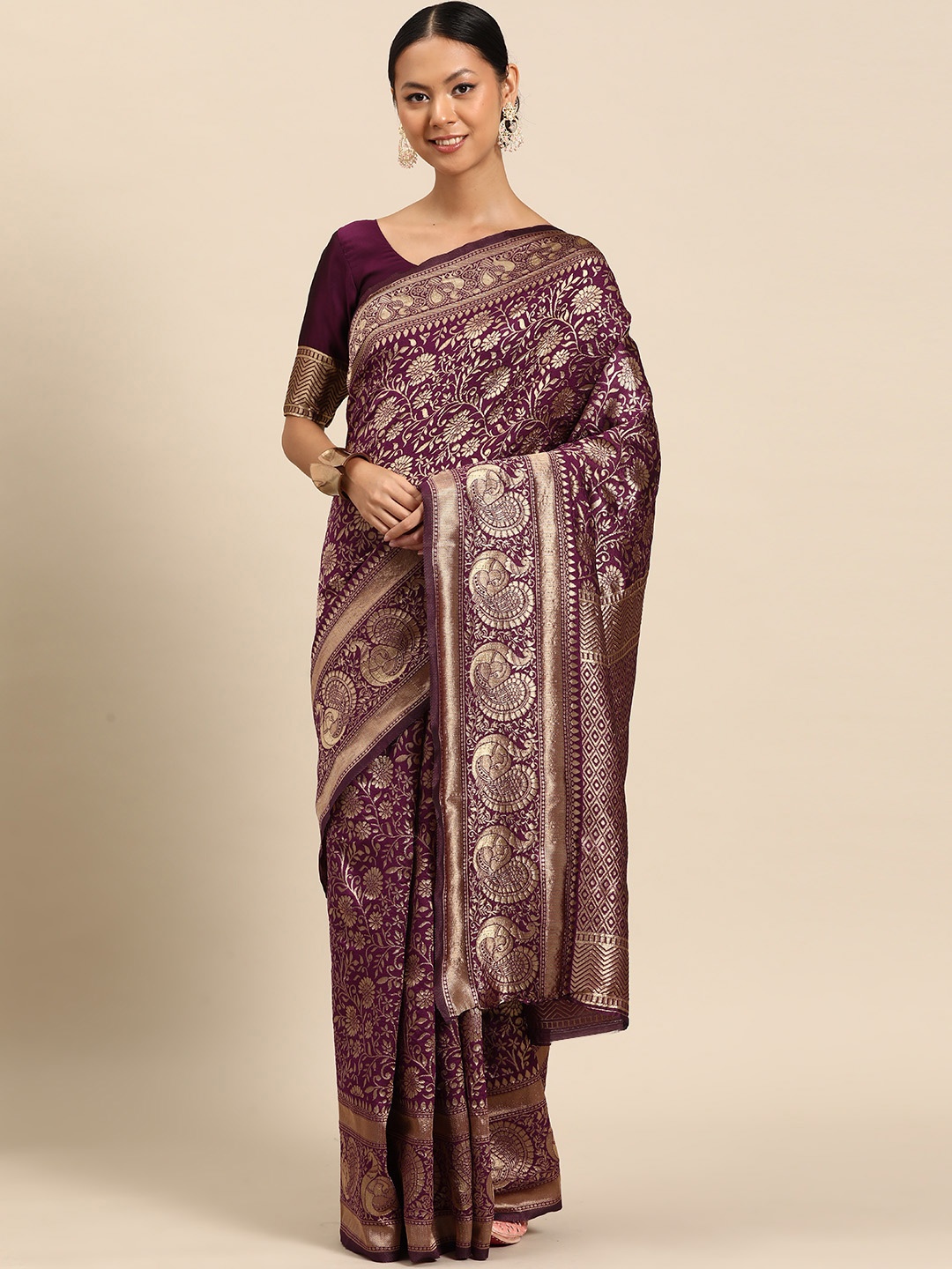 

SUTRAM Floral Zari Silk Blend Saree, Purple