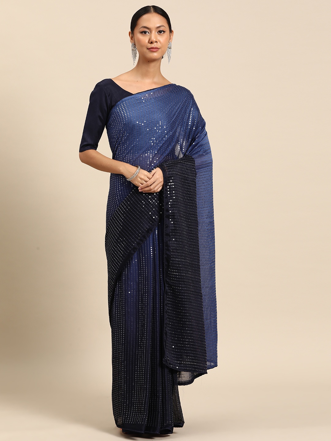 

SUTRAM Woven Design Sequinned Poly Chiffon Saree, Navy blue