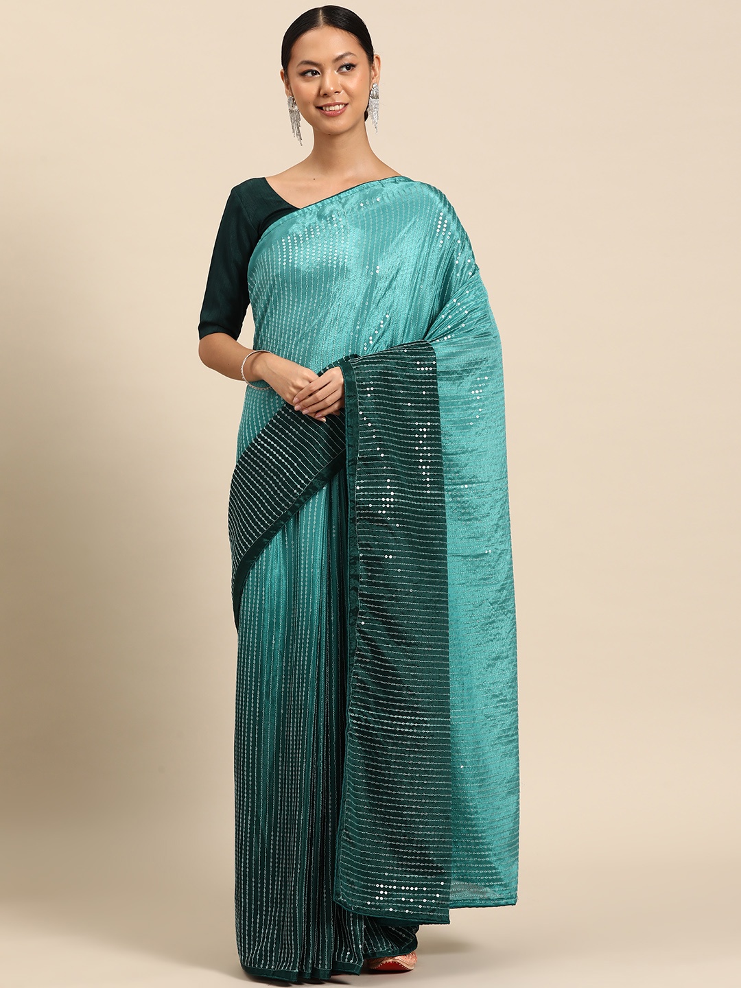 

SUTRAM Woven Design Sequinned Poly Chiffon Saree, Turquoise blue