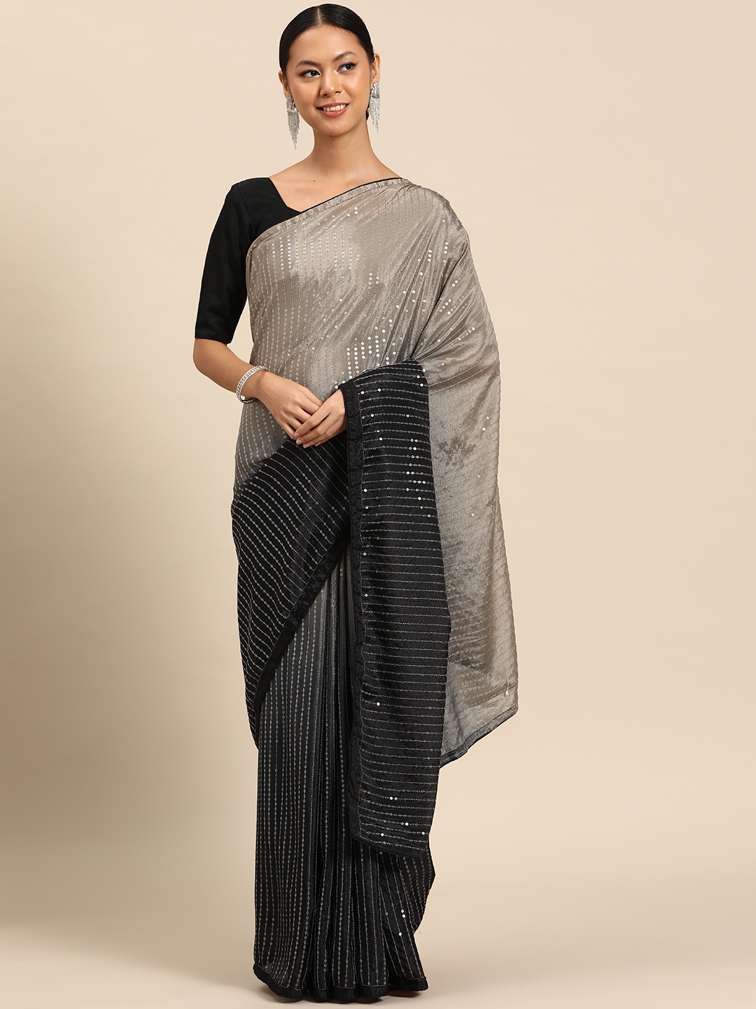 

SUTRAM Woven Design Sequinned Poly Chiffon Saree, Grey