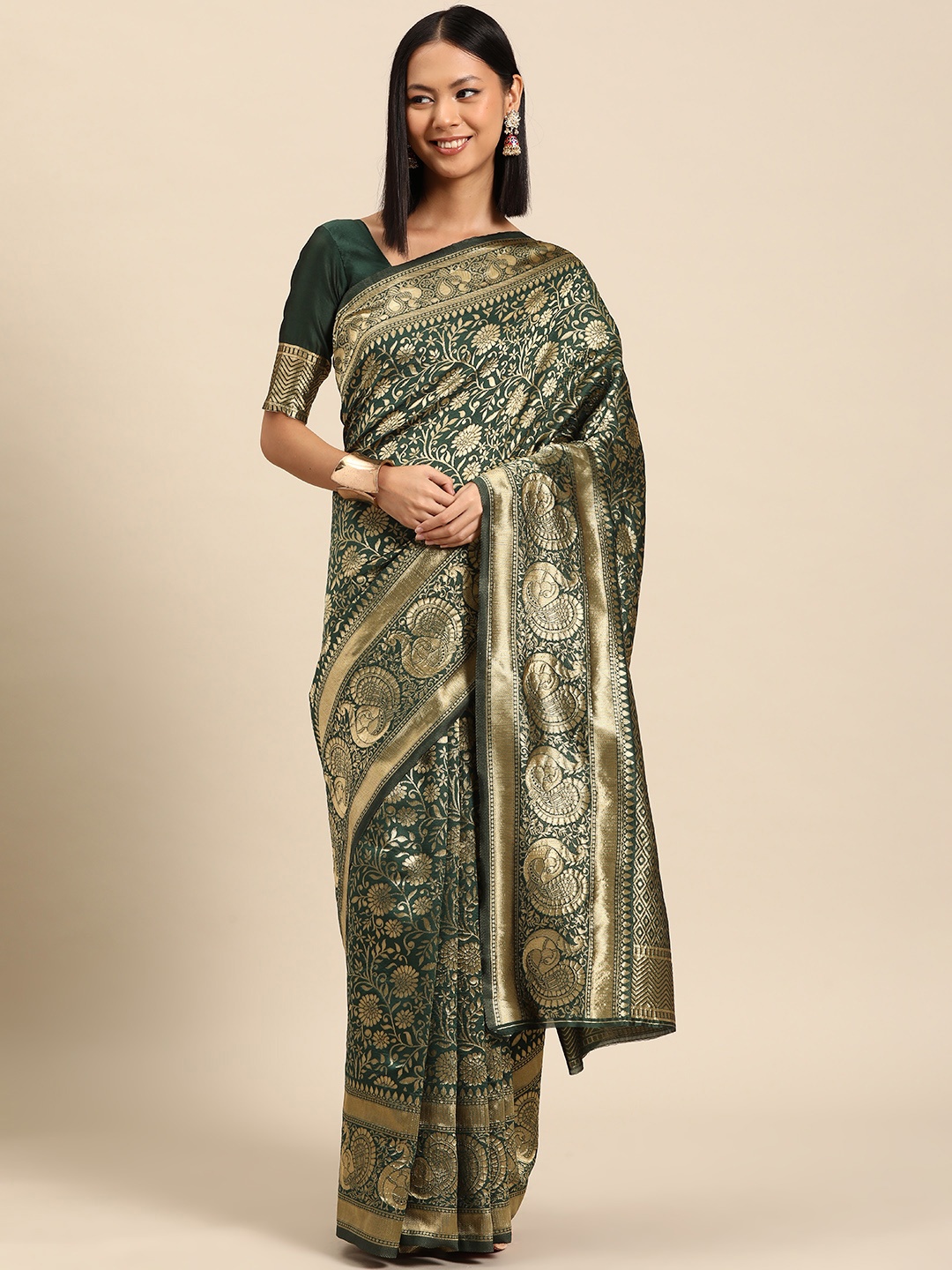 

SUTRAM Floral Zari Silk Blend Saree, Green