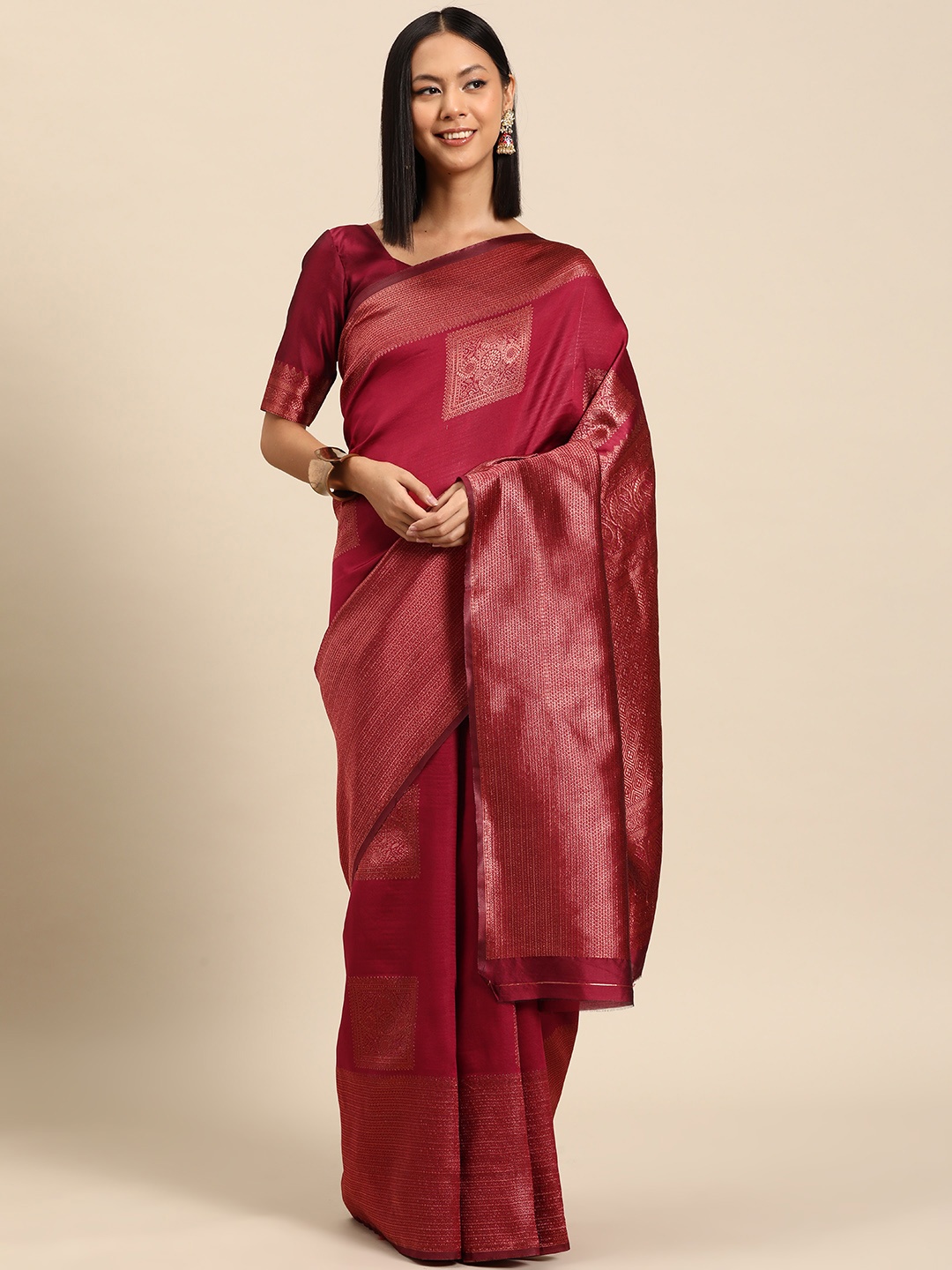 

SUTRAM Ethnic Motifs Zari Silk Blend Saree, Maroon