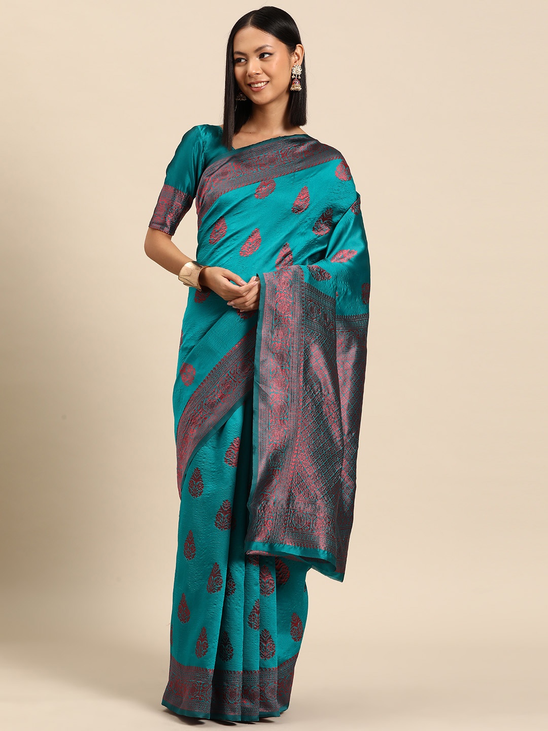 

SUTRAM Ethnic Motifs Zari Silk Blend Saree, Turquoise blue