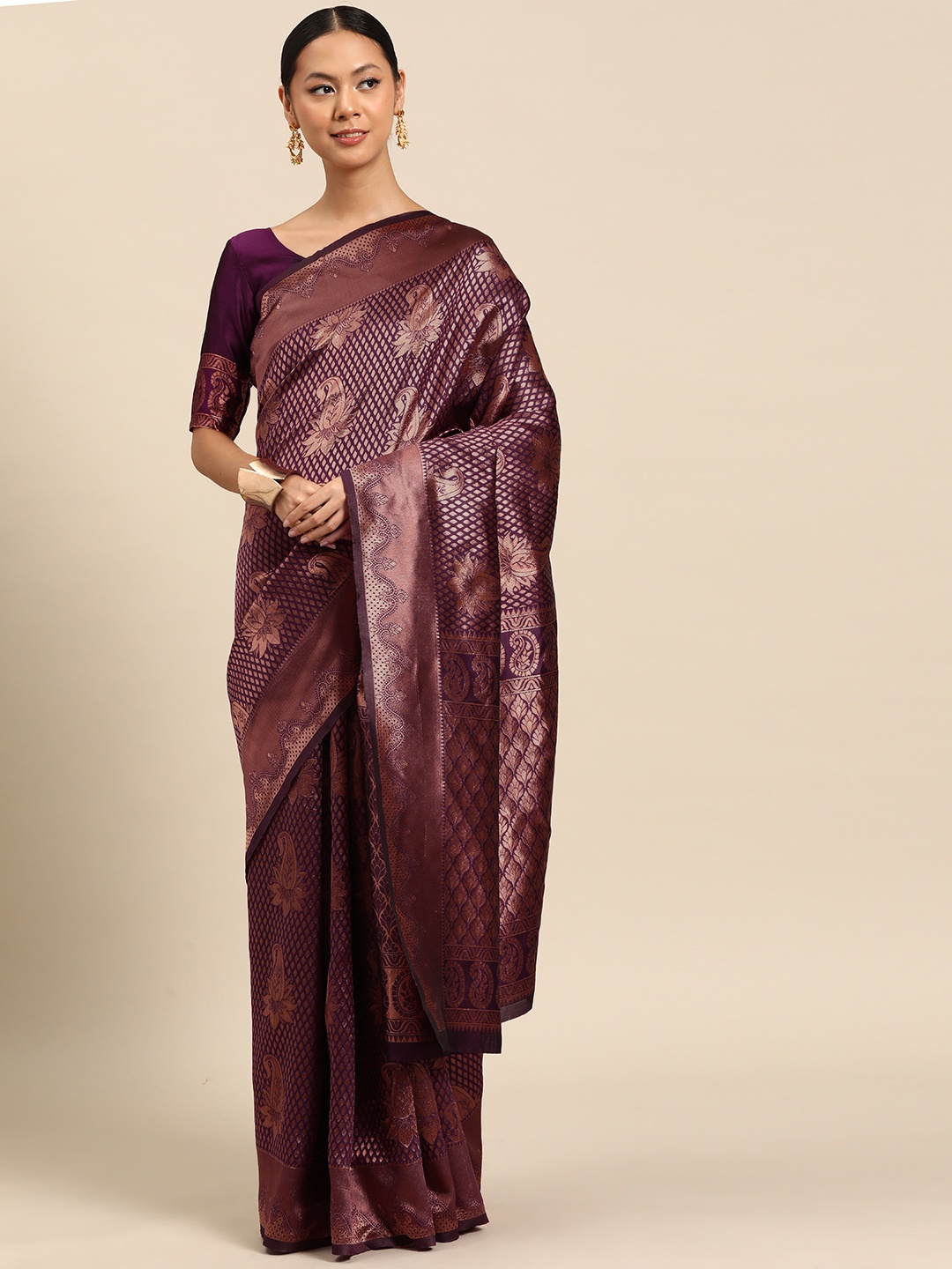 

SUTRAM Ethnic Motifs Zari Silk Blend Saree, Purple