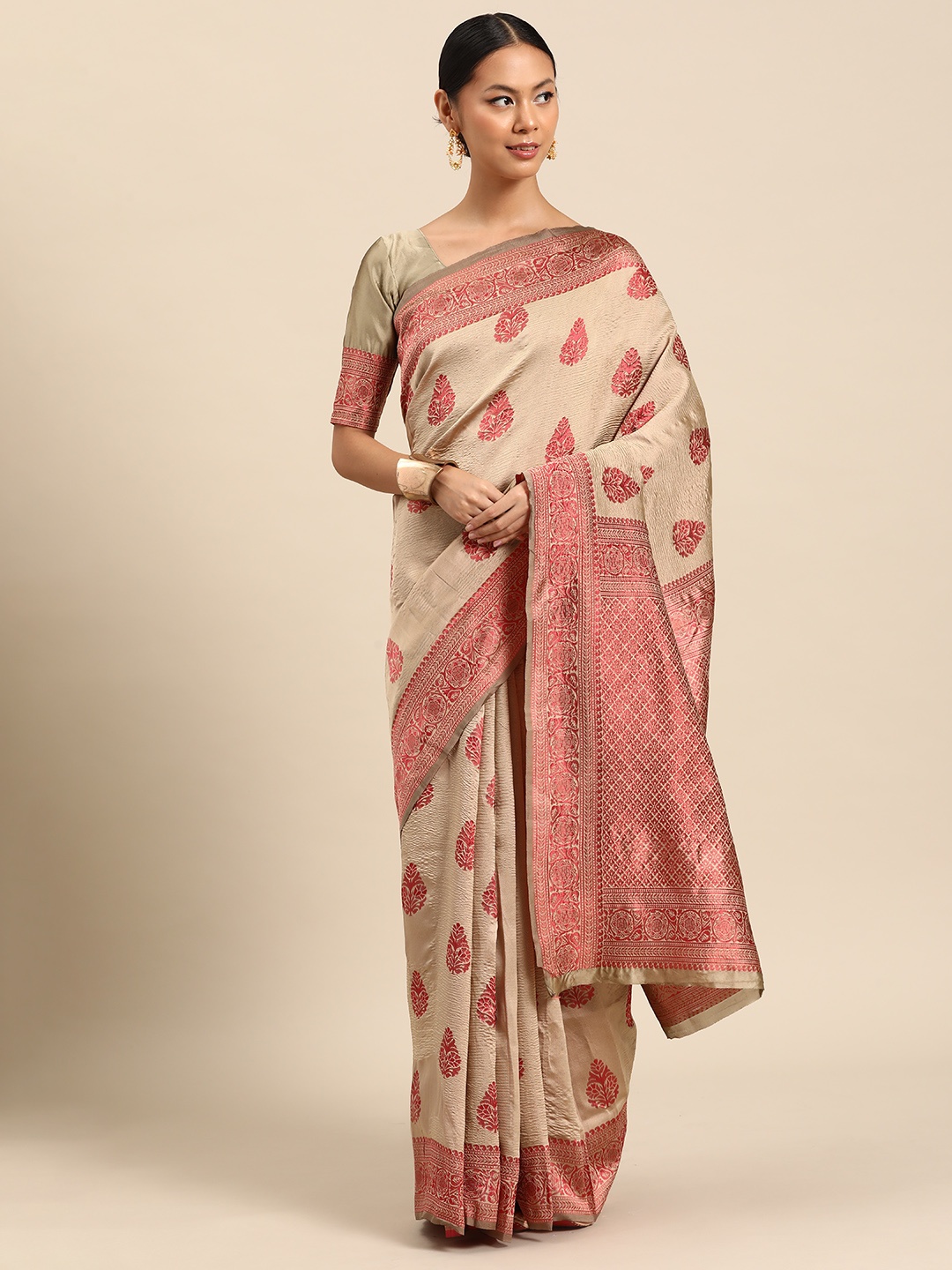 

SUTRAM Ethnic Motifs Zari Silk Blend Saree, Beige