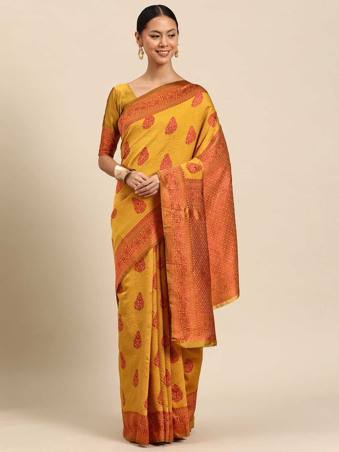 

SUTRAM Ethnic Motifs Zari Silk Blend Saree, Yellow