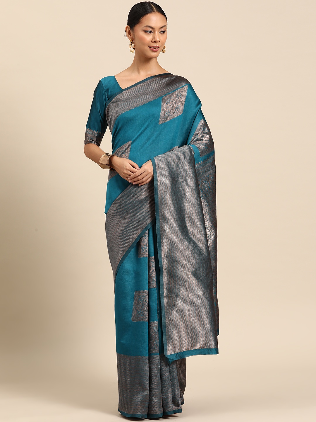 

SUTRAM Ethnic Motifs Zari Silk Blend Saree, Turquoise blue